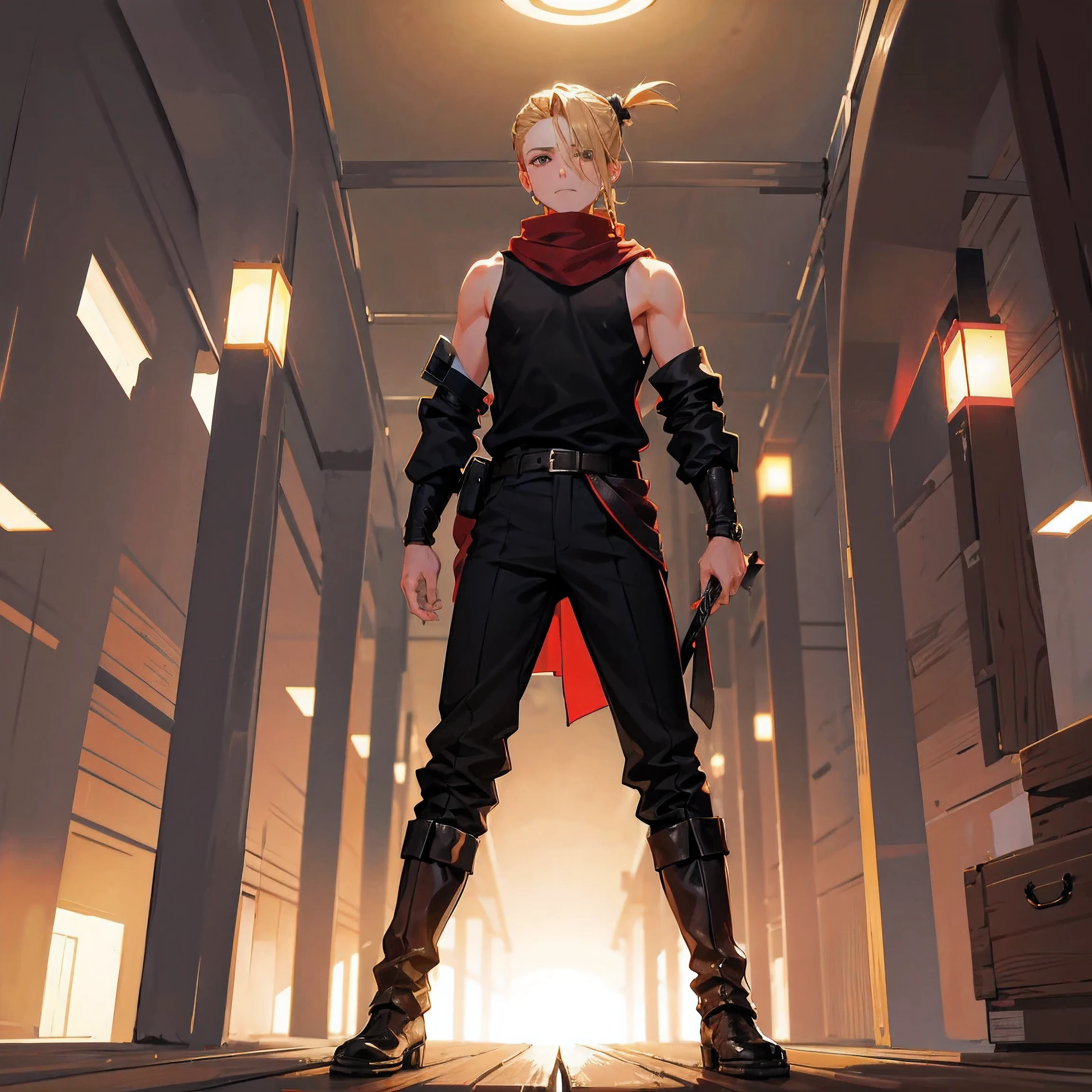 Tall, tannish, male, 14 year old, alone, blond hair put in manbun, brown almond colored eyes, sleeveless turtleneck training shirt, black army pants, black steel boots, red scarf, two small swords sheathed on sides, in a tree.