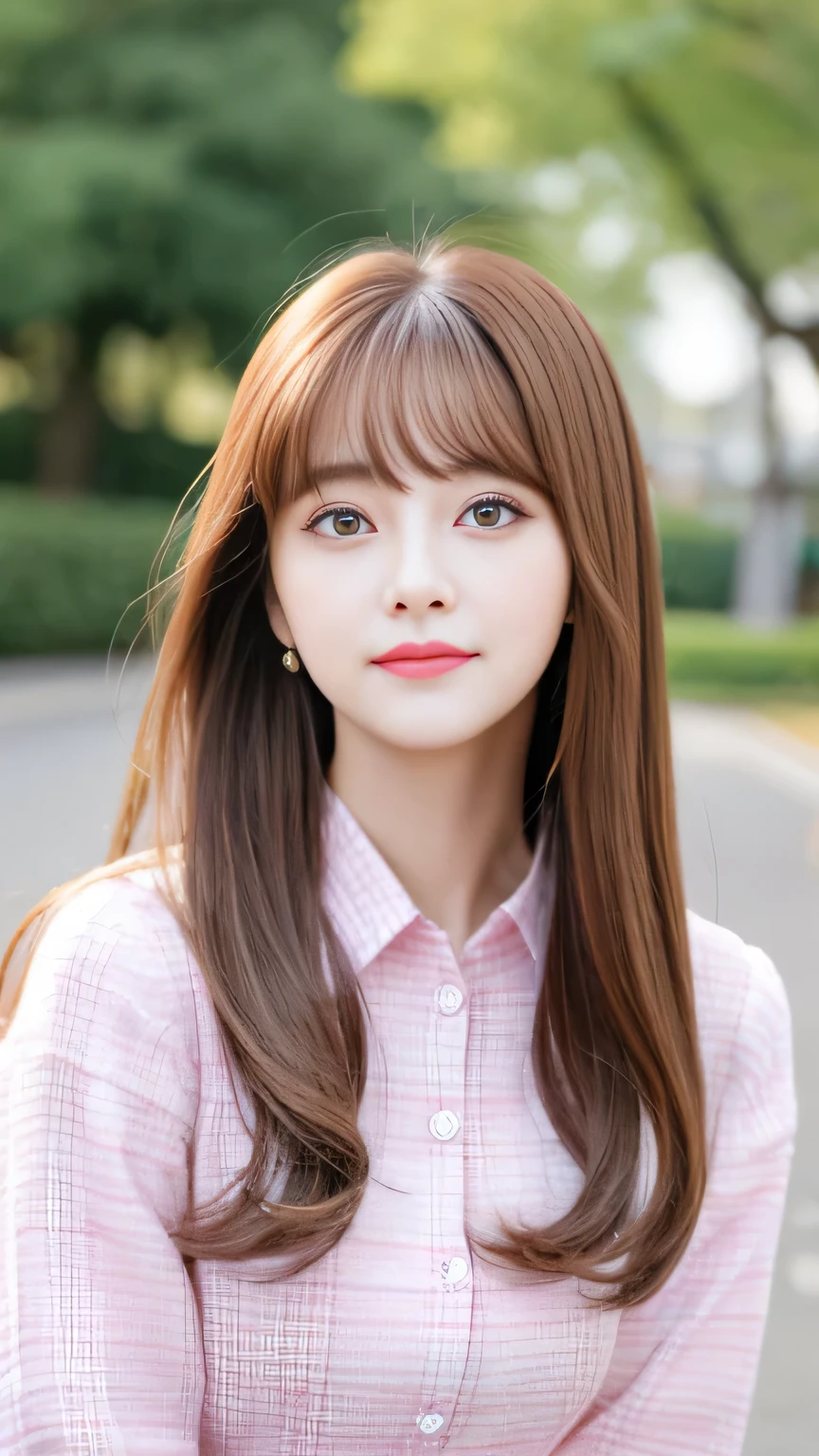 highest quality、Super high quality、realistic images、one japanese girl、20-year-old、bangs、long straight hair、brown hair、long eyelashes、Big eyes、S-class beauty、the cutest face、Beautiful like a Korean idol、Wonyoung、Half-up hairstyle with white ribbon、blouse、Pink Tweed Skirt、look at me shyly