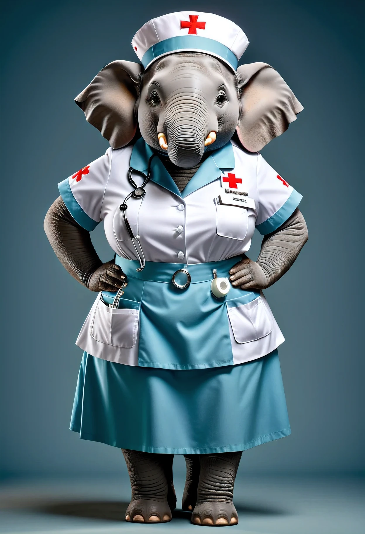 photorealistic portrait of Dressed animals - a ((fat))  elephant nurse,(hands on hips:1.2),(), high quality,(lovely) ,intricate details, highly detailed (( nurse costume)), wearing nurse cap and skirt , highly detailed medical equipment , (happy), studio lighting,(),(simple background)