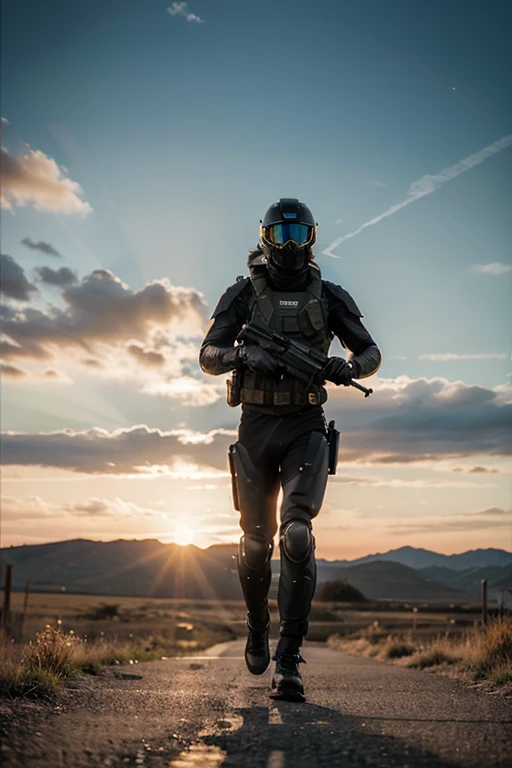 flat landscape. color and shades. humaniod cyborg, black metal body with gold lines, head like wearing a helmet with a dark black visor covering the entire face, heavy combat equipment with backpack and rifle. full view. full view. from puddle reflection side. water splash. running through wind dessert meadow path. sunset. ultra realistic. xHDRi. Super detailed. cinematic
Designer|1024 × 1024 