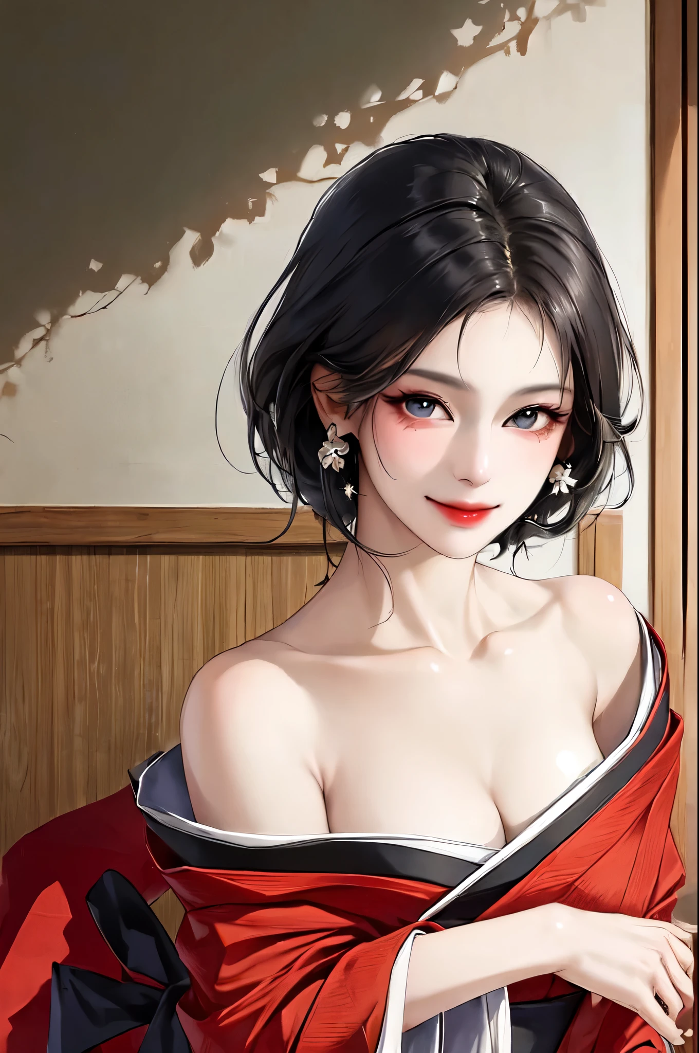 masterpiece,highest quality,disorganized,original,very delicate and beautiful,Beautifully detailed eyes and face,1 girl, black hair, kimono, looking at the viewer, alone, (shiny skin),(masterpiece:1.4),(highest quality:1.4),realistic,robber girl,mature woman,mature woman,smile,closed mouth