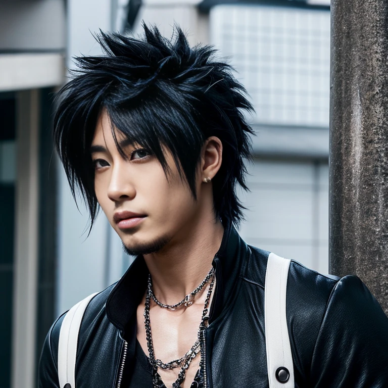 1 man, Japanese man, male, Asian eyes, muscular, broad shoulders, dragon,hairstyle Visual Kei style, hair Visual Kei, black men's shirt and black pants, ultra detailed face, hyperrealistic, realistic representation, 30 years old!,age 30 years!