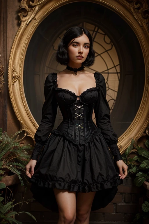 a woman in a black corset posing with a giant egg,rococo ́ of ebony,rococo´ negro natalie shau tom bagshaw,artistic style tom bagshaw,dark and intricate Victorian Gothic,inspirado en Hedi Xandt,elegant corset,por Tom Bagshaw y Boris Vall. Vista de cuerpo completo,la de zapatillas de cristal