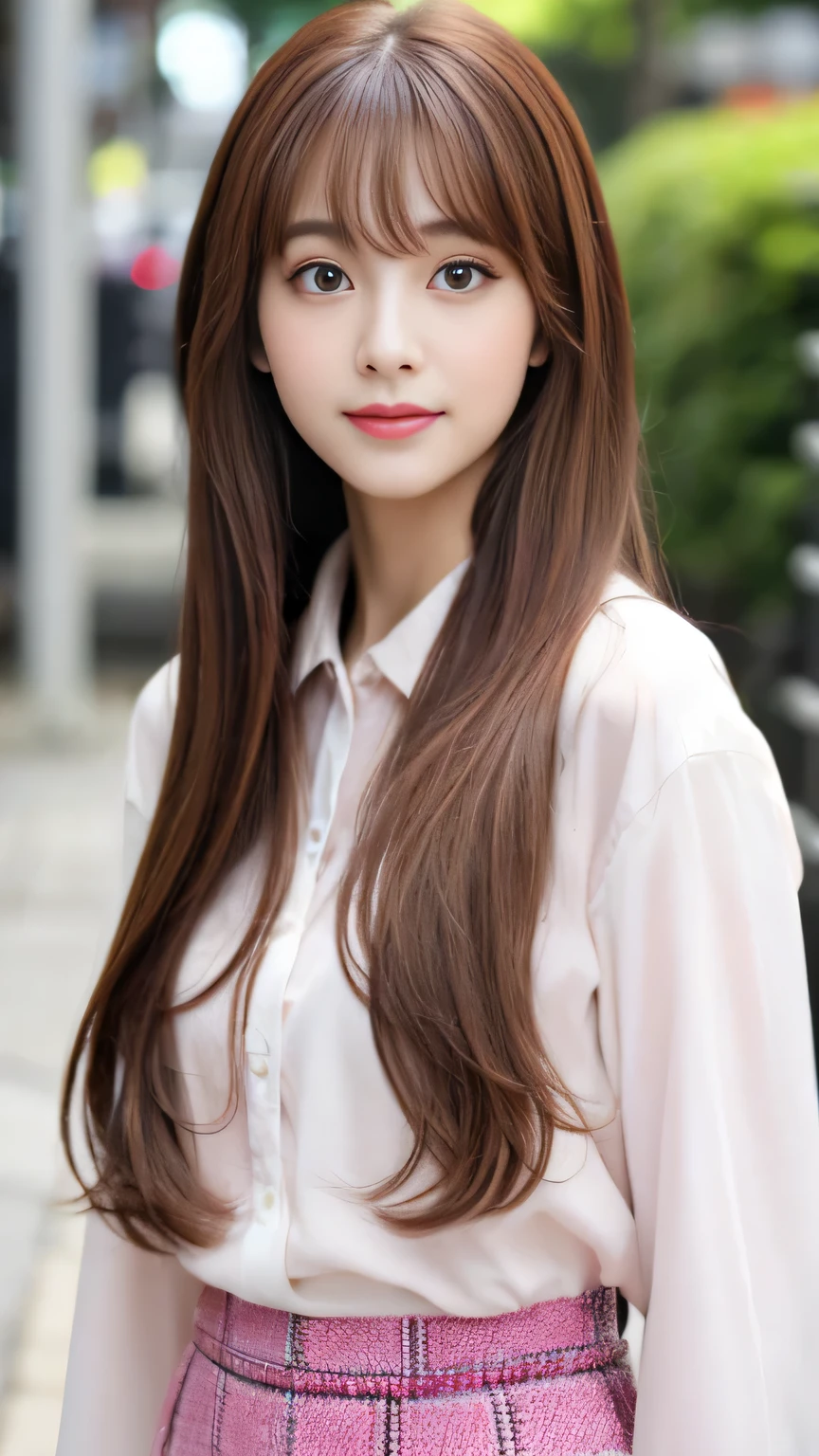 highest quality、Super high quality、realistic images、one japanese girl、20-year-old、bangs、long straight hair、brown hair、long eyelashes、white ribbon、Big eyes、S-class beauty、the cutest face、Beautiful like a Korean idol、Wonyoung、Half-up hairstyle with white ribbon、blouse、Pink Tweed Skirt、look at me shyly