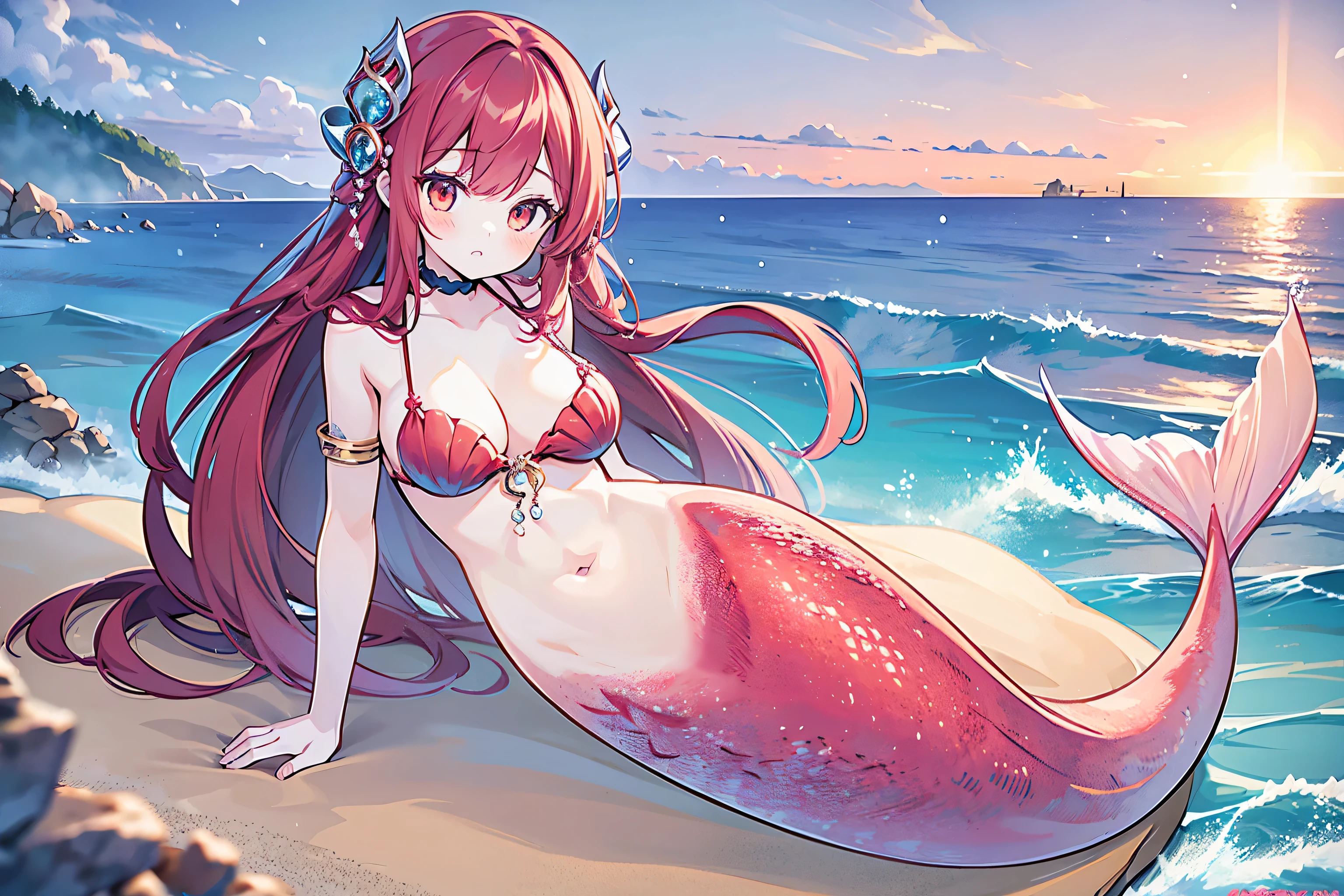 masterpiece, best quality,a girl,big breasts,Mermaid,red mermaid tail,full-body shot,beach,sea view,charming face(kawaii, charming,soft)