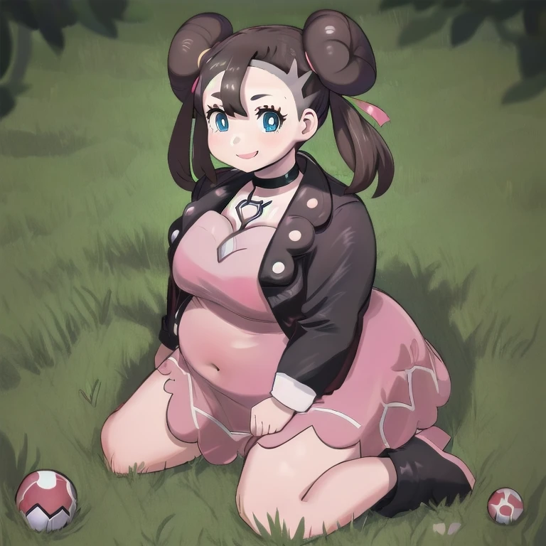 masterpiece, best quality, highly detailed, 1girl, solo, (rosa_pokemon:1.3),
visor, brown hair, (hair buns:1.4), long hair, twintails, blue eyes, (seductive smile:1.4), pink lips,
kneeling, grass, park, (marnie_outfit:1.3), dress, (pink dress:1.3), jacket, black jacket, open jacket, boots, ankle boots, black footwear, choker, black choker, collar, bbw, plump, large belly, large breasts, large thighs, love handles, wide hips, weight gain,