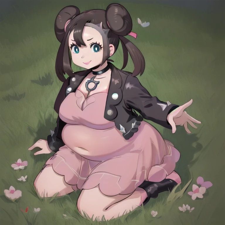 masterpiece, best quality, highly detailed, 1girl, solo, (rosa_pokemon:1.3),
visor, brown hair, (hair buns:1.4), long hair, twintails, blue eyes, (seductive smile:1.4), pink lips,
kneeling, grass, park, (marnie_outfit:1.3), dress, (pink dress:1.3), jacket, black jacket, open jacket, boots, ankle boots, black footwear, choker, black choker, collar, bbw, plump, large belly, large breasts, large thighs, love handles, wide hips, weight gain,