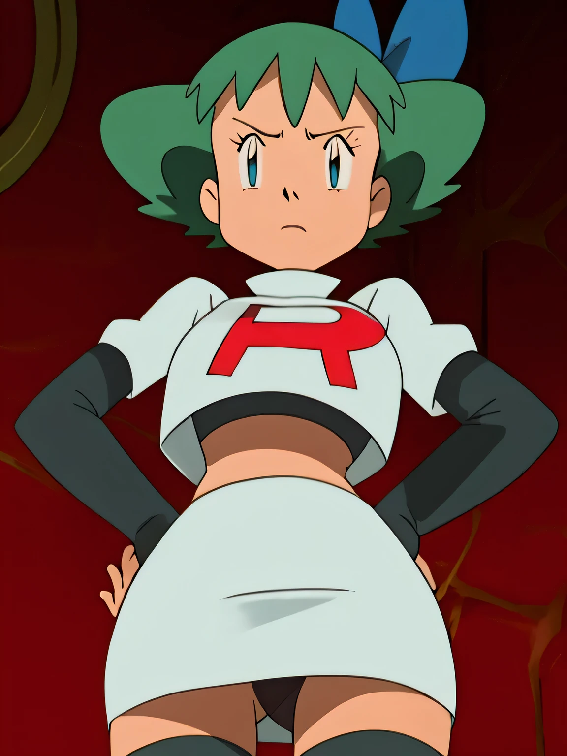 Molly Hale,very large breast,8k, masterpiece,highres, team rocket uniform, red letter r, white skirt,white crop top,black thigh-high boots, black elbow gloves, glaring angrily, looking down at viewer, hands on hips, cowboy shot, from below, black panties,anime style, vivid colors, sharp focus, intense lighting,
