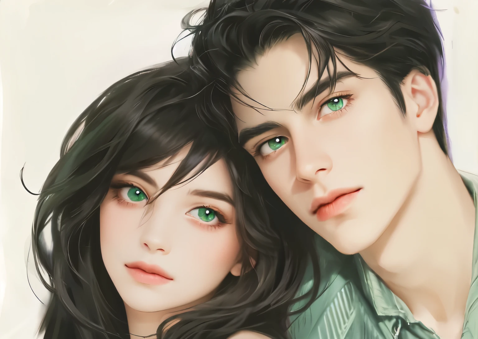 a man with green eyes and a woman with purple eyes, couple portrait, very pretty and handsome, realistic