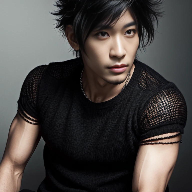 1 man, Japanese man, male, Asian eyes, muscular, broad shoulders, dragon,hairstyle Visual Kei style, hair Visual Kei, black men's shirt and black pants, ultra detailed face, hyperrealistic, realistic representation, 30 years old!,age 30 years!