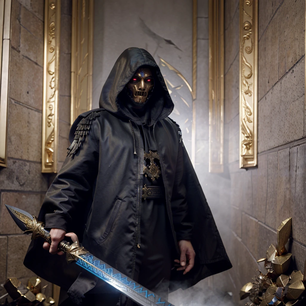 Requiem of Retribution appears as a dark, hooded being, shrouded in an aura of ruthless justice. He carries golden scales and a sharp sword, symbolizing the scales of justice and hope for evildoers.