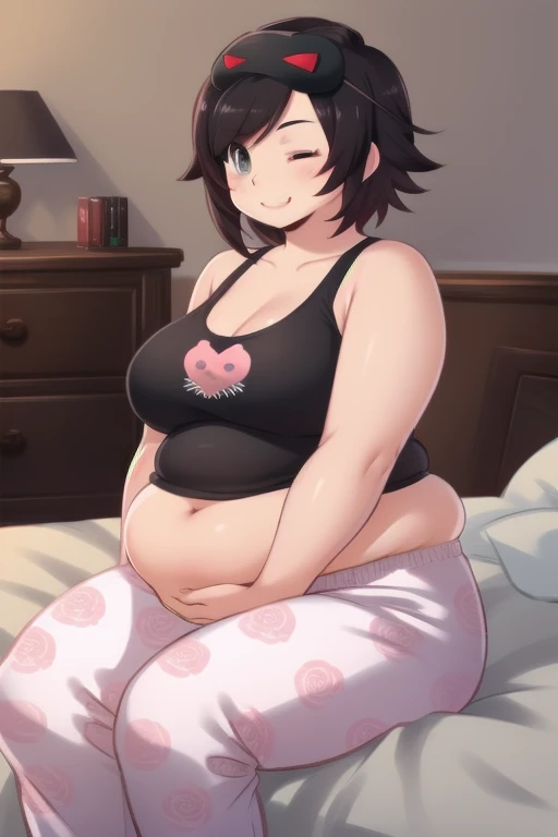 solo,jammiesrose, ruby rose, black hair, gradient hair, grey eyes,tank top, pajamas, (sleep mask), bedroom, sitting, one eye closed, smile, bbw, plump, large belly, large breasts, large thighs, love handles, wide hips, weight gain,