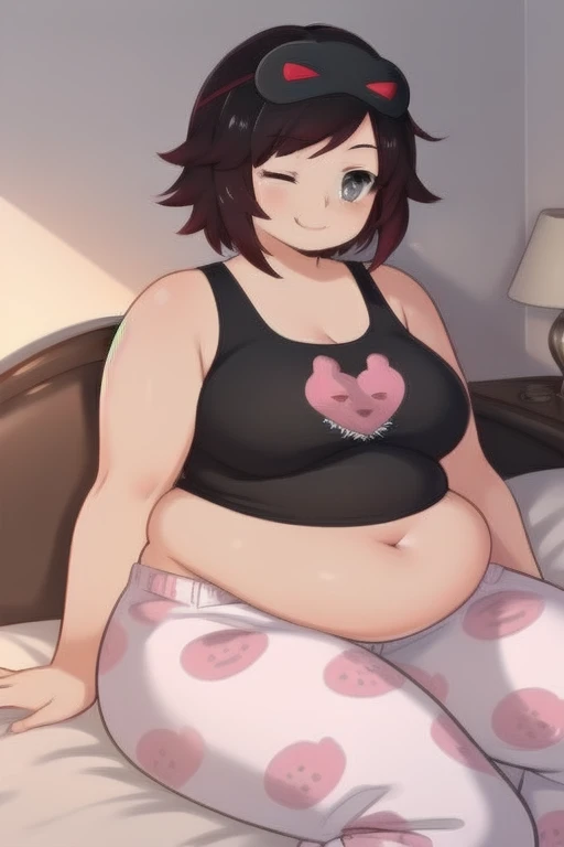 solo,jammiesrose, ruby rose, black hair, gradient hair, grey eyes,tank top, pajamas, (sleep mask), bedroom, sitting, one eye closed, smile, bbw, plump, large belly, large breasts, large thighs, love handles, wide hips, weight gain,