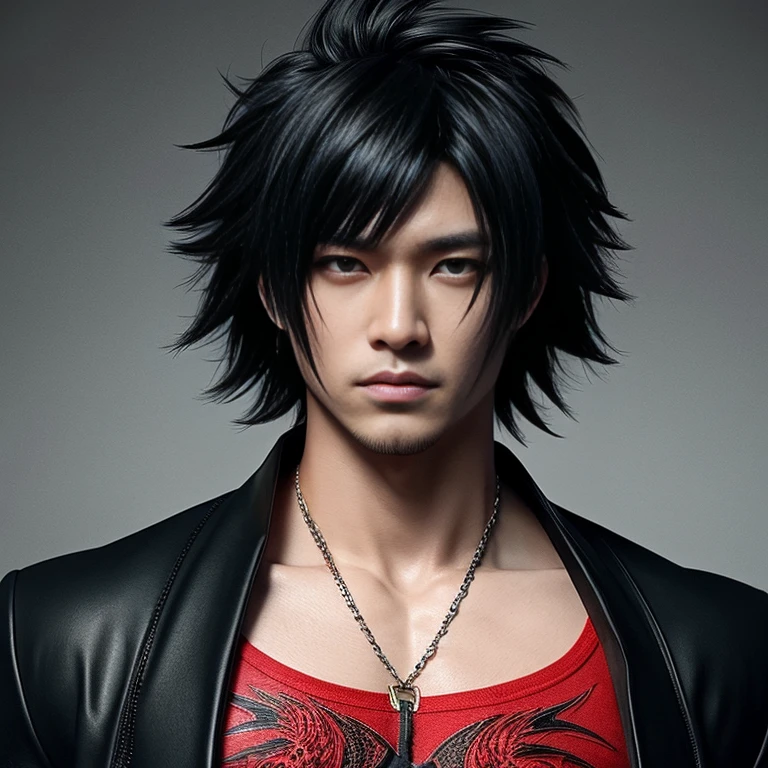 1 man, Japanese man, male, Asian eyes, muscular, broad shoulders, dragon,hairstyle Visual Kei style, hair Visual Kei, black men's shirt and black pants, ultra detailed face, hyperrealistic, realistic representation, 30 years old!,age 30 years!