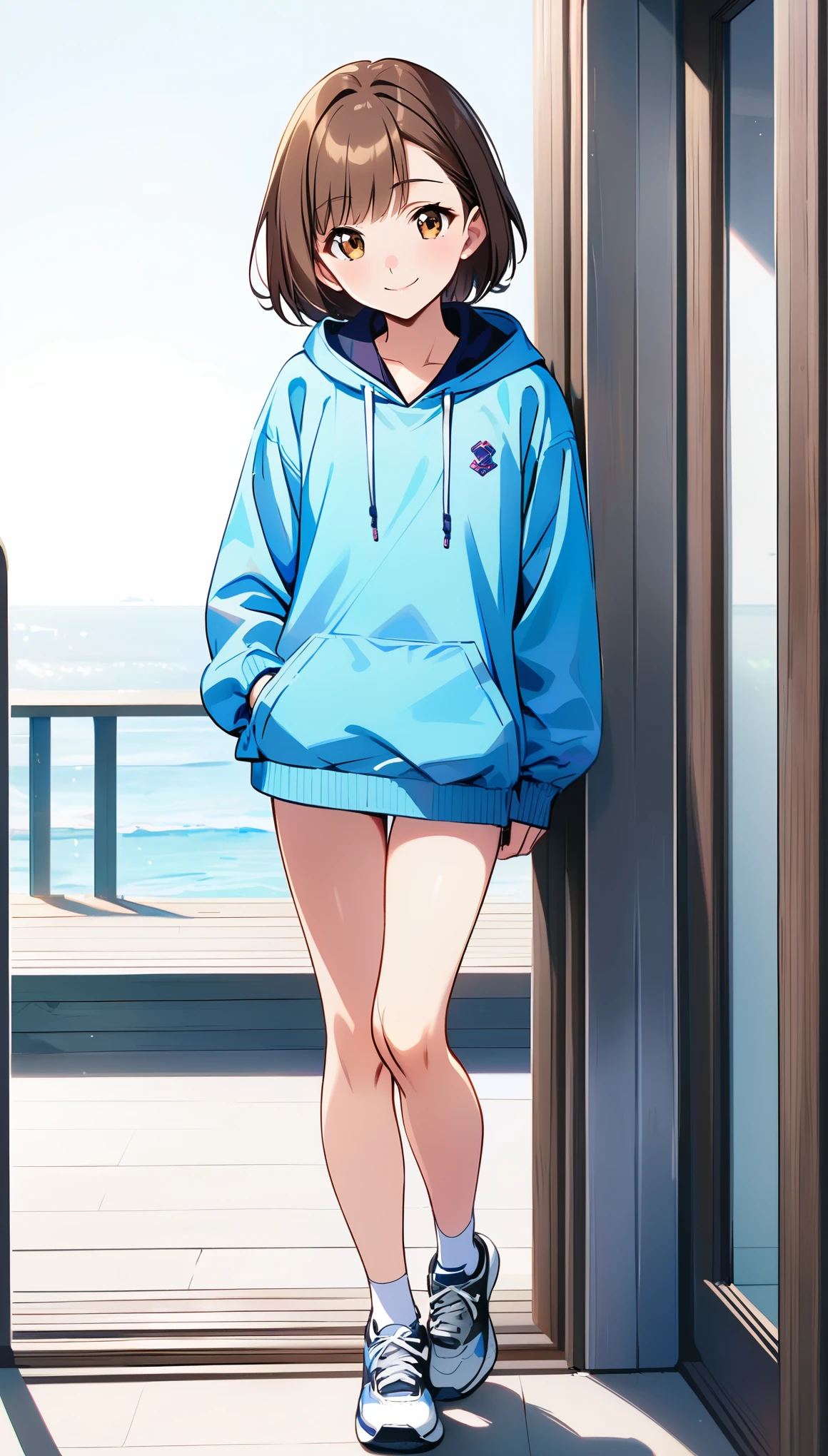 full-body shot,white socks,sports shoes,JK,18 years old,simple,slender legs,Extremely beautiful and delicate,Light makeup,brown hair,Smile,Delicate, beautiful and fair skin,Exquisite and complete facial features,high nose bridge,Beautiful gentle girl,Extremely fine hair,soft temperament