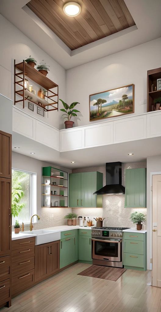 ah、ah, realistic, bright, wide angle view, Spotlight, highlight, big window,It rains,woodの床, white ceiling, wood, green, plant, Living room interior with shelves and lighting, in the style of white and green, Post-Minimalist Structure, Crafting Core, Large-scale muralists, Lively tableau, subtle, earth color, folk art, born, 4k, 8K, fujifilm, Super detailed