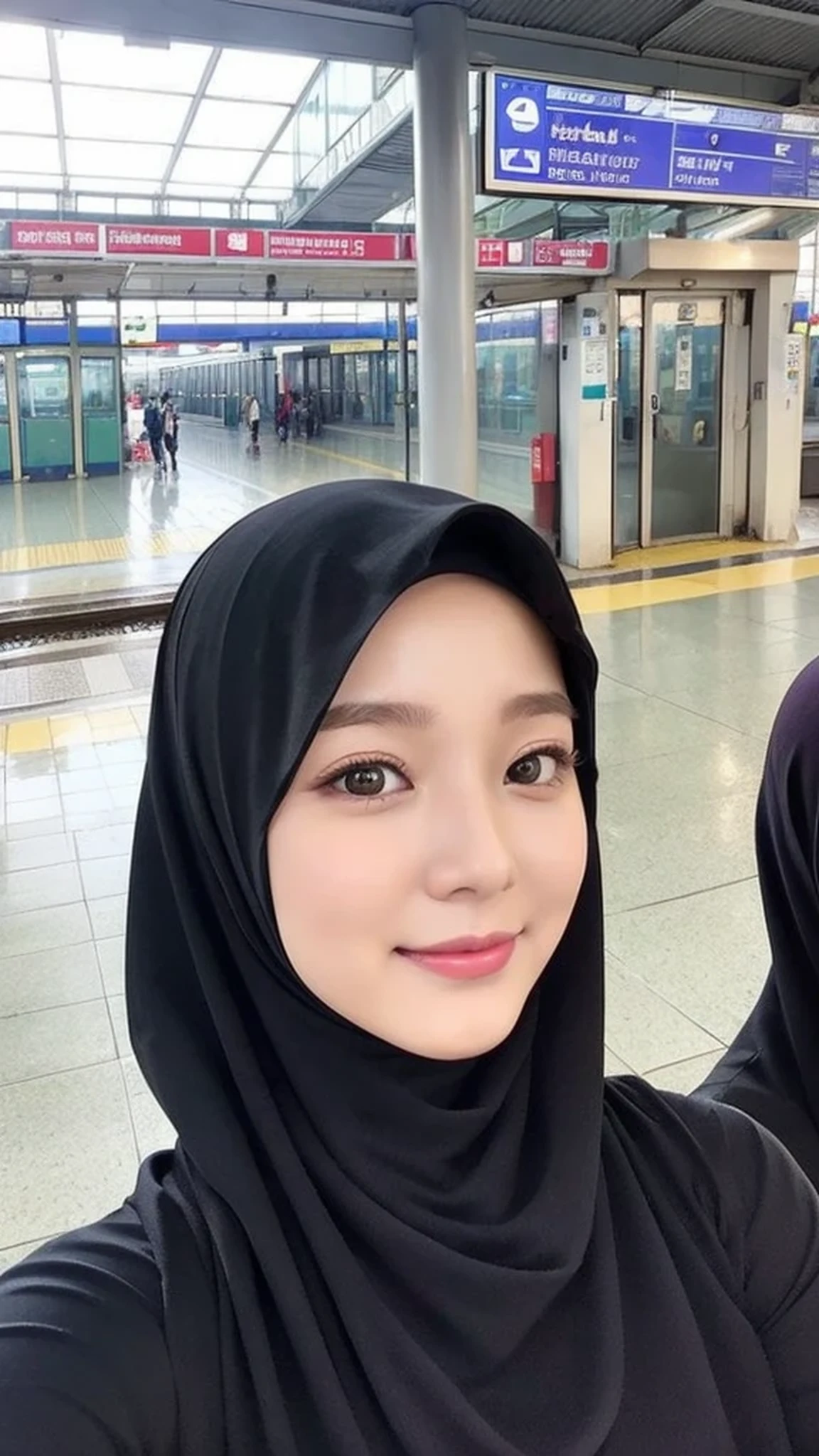 Beautuful Women、hijab, indonesian, realistic, train station、selfee、The face is cute、Vanrak Ayyans appears. beautiful、alone
