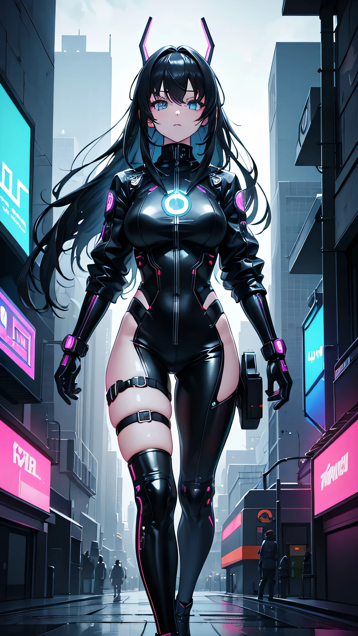 (((masterpiece)))、(((highest quality))), (((Super detailed depiction))), (((8K))), Craft an 8k, ultra-detailed anime-style masterpiece showcasing a stunningly beautiful girl living as a cyberpunk hacker in a futuristic city bathed in neon light. Her attire is a perfect blend of cyberpunk aesthetic and functionality, featuring high-tech gadgets integrated seamlessly into her clothing. She wears cyber goggles that illuminate her eyes with a spectrum of digital data, signifying her prowess in navigating the digital realm.The cityscape behind her is a dazzling array of neon signs and holographic displays, reflecting off the rain-slicked streets and the sleek surfaces of her gear. Her pose is confident and daring, a testament to her skills and her fearless exploration of the digital frontier.Every element, from the glow of the neon on her face to the intricate details of her hacker tools, is rendered with the utmost clarity, capturing the vibrant energy of the cyberpunk genre. The scene not only highlights her beauty and expertise as a hacker but also immerses the viewer in the dynamic, ever-evolving world of the future city she calls home.