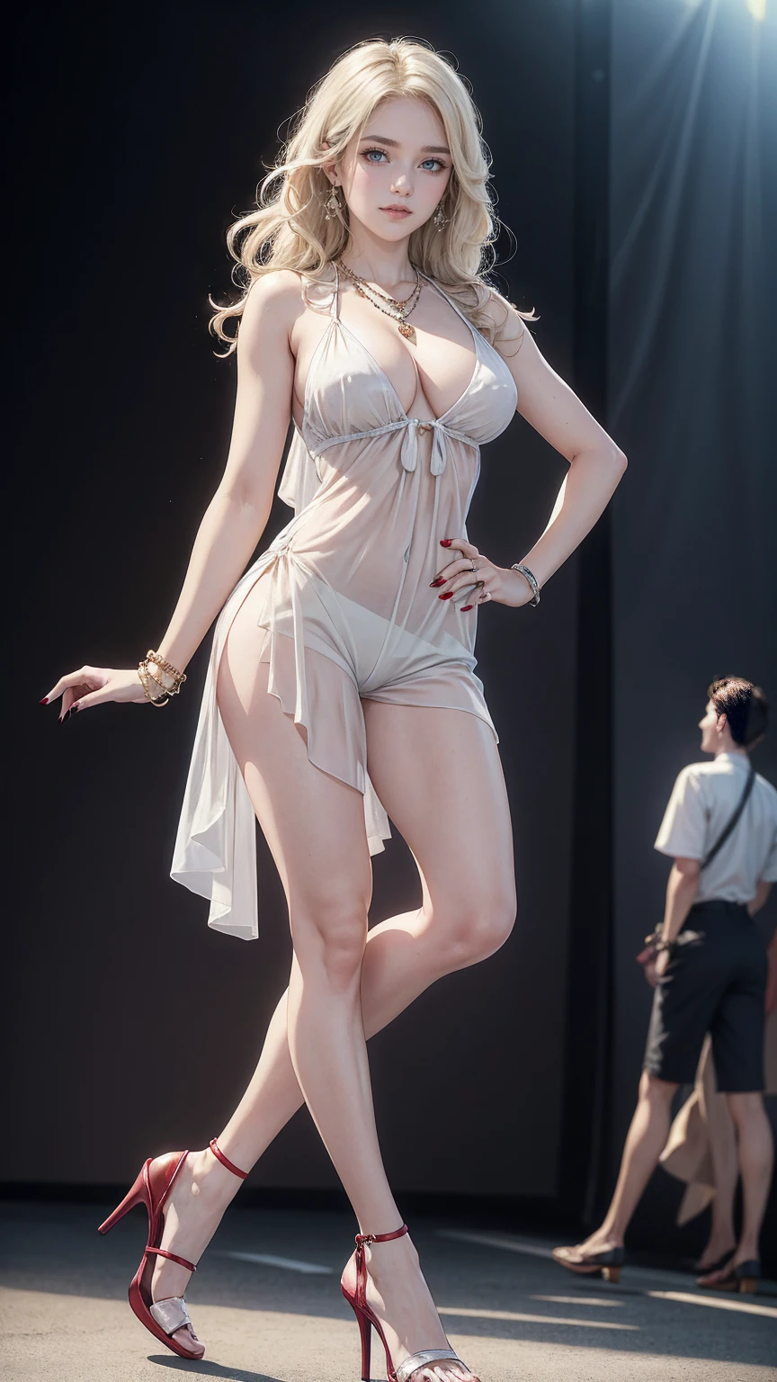 (highest quality, High resolution, masterpiece :1.3), 25 year old white woman、platinum blonde、blue eyeedium long hair、my hair is wavy、
smile、Slender but well-proportioned muscular body、I'm wearing earrings、I'm wearing a necklace、Wear accessories on your wrists and ankles、I'm wearing a ring、I don't want my head to disappear from the screen.、Wearing red nail polish、I have a peticure、smile、chest pocketしてる、nice buddy、big breasts、chest pocket、gray background、My abs are cracked、wearing high heels、Walking the runway、She's wearing a see-through dress、She's wearing a black bra and shorts、See through