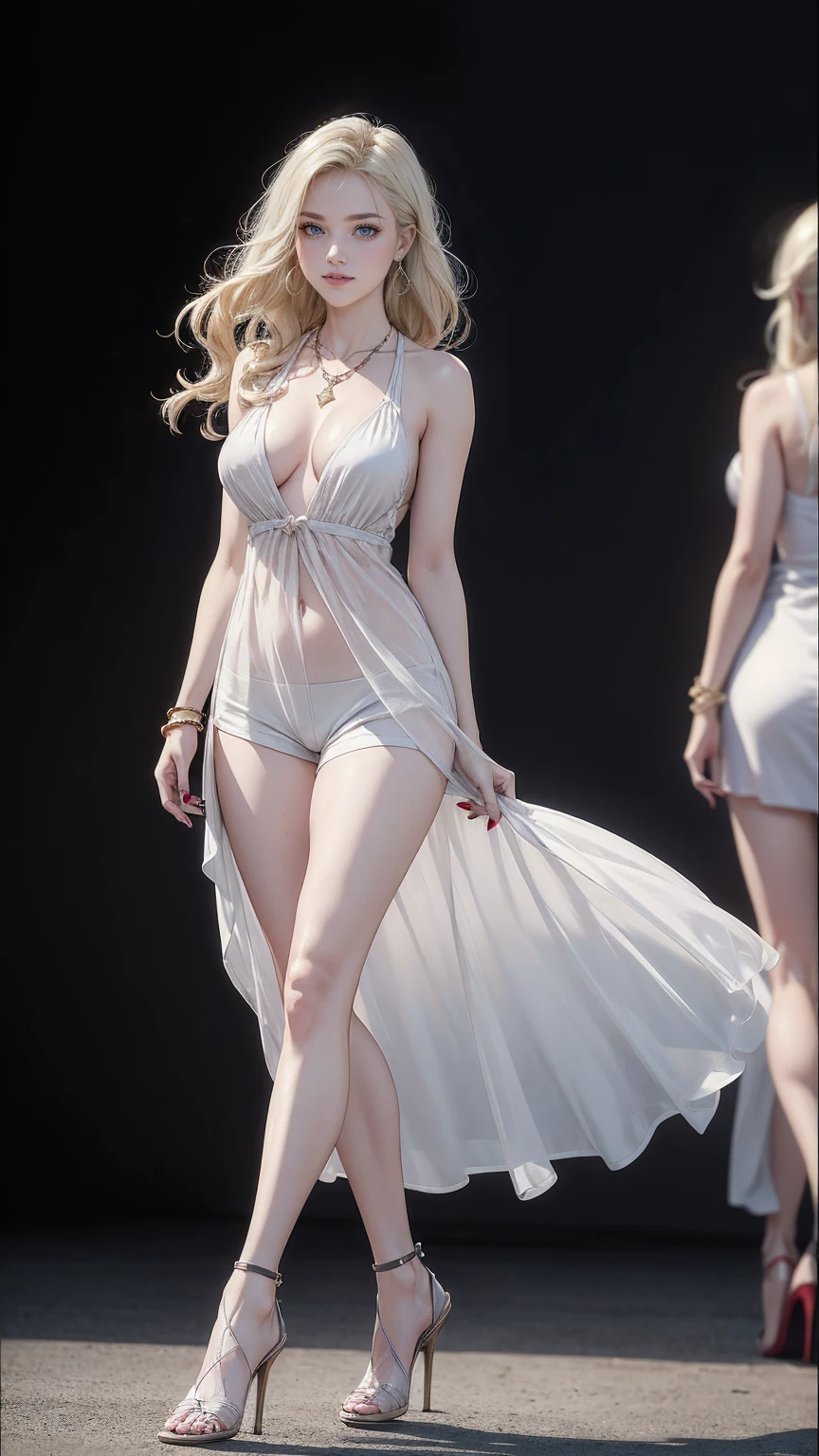 (highest quality, High resolution, masterpiece :1.3), 25 year old white woman、platinum blonde、blue eyeedium long hair、my hair is wavy、
smile、Slender but well-proportioned muscular body、I'm wearing earrings、I'm wearing a necklace、Wear accessories on your wrists and ankles、I'm wearing a ring、I don't want my head to disappear from the screen.、Wearing red nail polish、I have a peticure、smile、chest pocketしてる、nice buddy、big breasts、chest pocket、gray background、My abs are cracked、wearing high heels、Walking the runway、She's wearing a see-through dress、She's wearing a black bra and shorts、See through