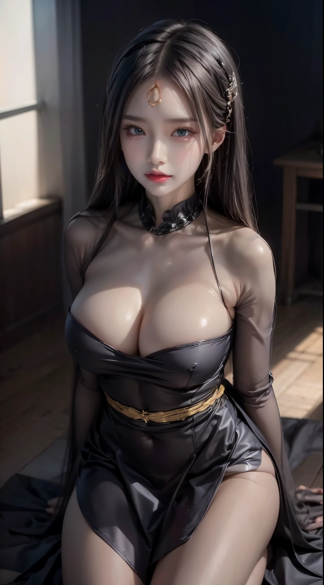 realistic, 1gril, per HD, 12k, wearing Allstars shoes, slim body, rather big body, six pack body, big round breasts, no clothes, beautiful breasts, looking at the camera, sitting on the sofa, long black hair, facial details, detailed person, body details, clothing details, hair details, body details, body details, breast details, vagina details, clothes, eye details, sweat details, water details, pose (knees bent and legs wide apart) whole body