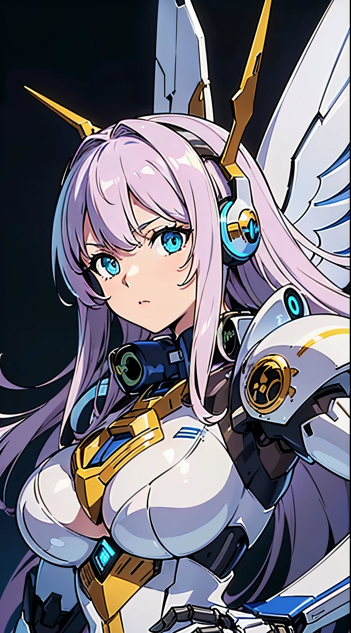((Blue shining mechanical eyes:1.3))、((Cyber Headphones:1.3))、((Mechaニカルヘッドギア:1.3))、((8K)), ((32k)), ((highest quality)), ((masterpiece)), ((超A high resolution)), ((T Masterpiece)), fine skin texture, fine cloth texture, fine metal texture、((beautiful and detailed face))、Raw photo、Professional, Ultra-fine painting, ((solo)), ((Mechaエンジェルに扮した女性)), beautiful breasts, concept art, anime fantasy artwork, detailed fantasy art, (Has pale blue-purple hair and large white mechanical wings.,), (((long hair))), (Mecha:1.6)、Sleek and menacing design, ((Armament of the Supreme Commander-in-Chief)), (perfect robot body)、Pure white and blue-purple armor, symmetrical mechanical wings, 8K high quality detailed art, 3D rendering of character art in 8K, clear legs, defined, defined fingers, NSFW、(((head shot:1.3)))