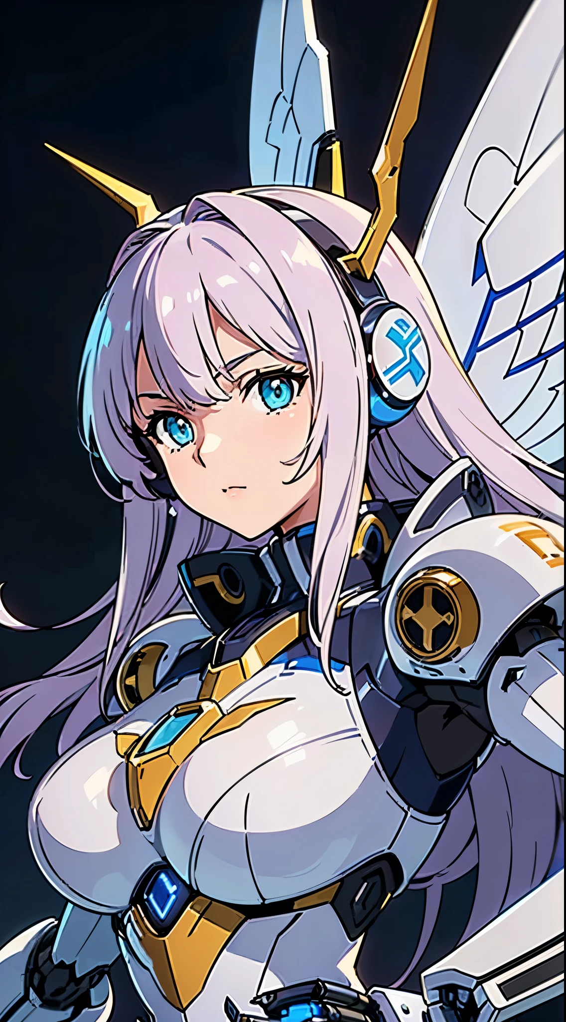 ((Blue shining mechanical eyes:1.3))、((Cyber Headphones:1.3))、((Mechaニカルヘッドギア:1.3))、((8K)), ((32k)), ((highest quality)), ((masterpiece)), ((超A high resolution)), ((T Masterpiece)), fine skin texture, fine cloth texture, fine metal texture、((beautiful and detailed face))、Raw photo、Professional, Ultra-fine painting, ((solo)), ((Mechaエンジェルに扮した女性)), beautiful breasts, concept art, anime fantasy artwork, detailed fantasy art, (Has pale blue-purple hair and large white mechanical wings.,), (((long hair))), (Mecha:1.6)、Sleek and menacing design, ((Armament of the Supreme Commander-in-Chief)), (perfect robot body)、Pure white and blue-purple armor, symmetrical mechanical wings, 8K high quality detailed art, 3D rendering of character art in 8K, clear legs, defined, defined fingers, NSFW、(((head shot:1.3)))
