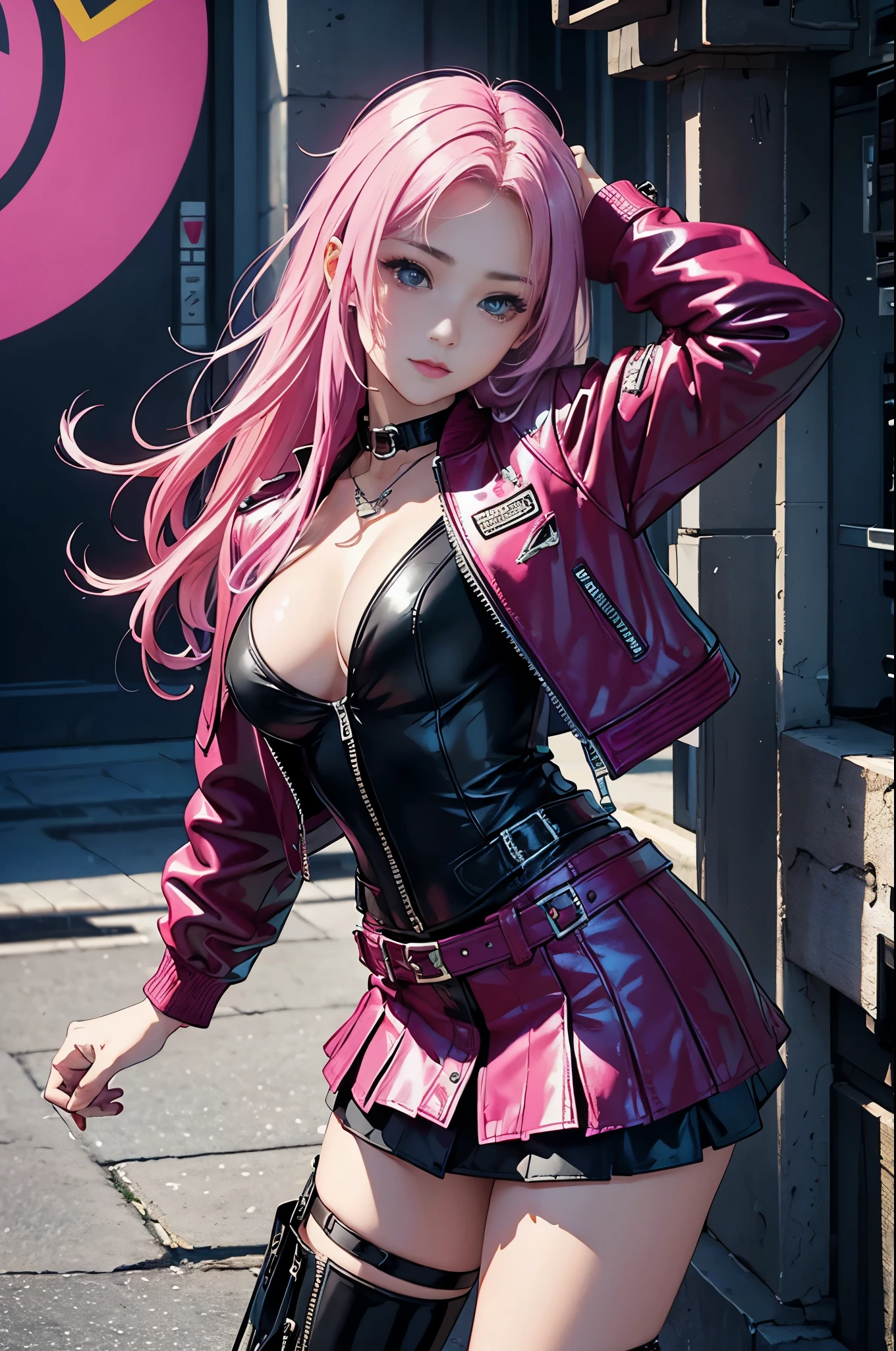 magenta tint、Bright colors、((masterpiece)))、(((top quality)))、((Super detailed))、(surreal)、(Very detailed CG illustrations)、official art、CD cover、This will be、midsummer、fashionable、The glorious 1980s、cruel beauty、cochetti gorgeous、gorgeous、Colorful hair、rock music、leather jacket、miniskirt、women only、perfect angle、Perfect composition、