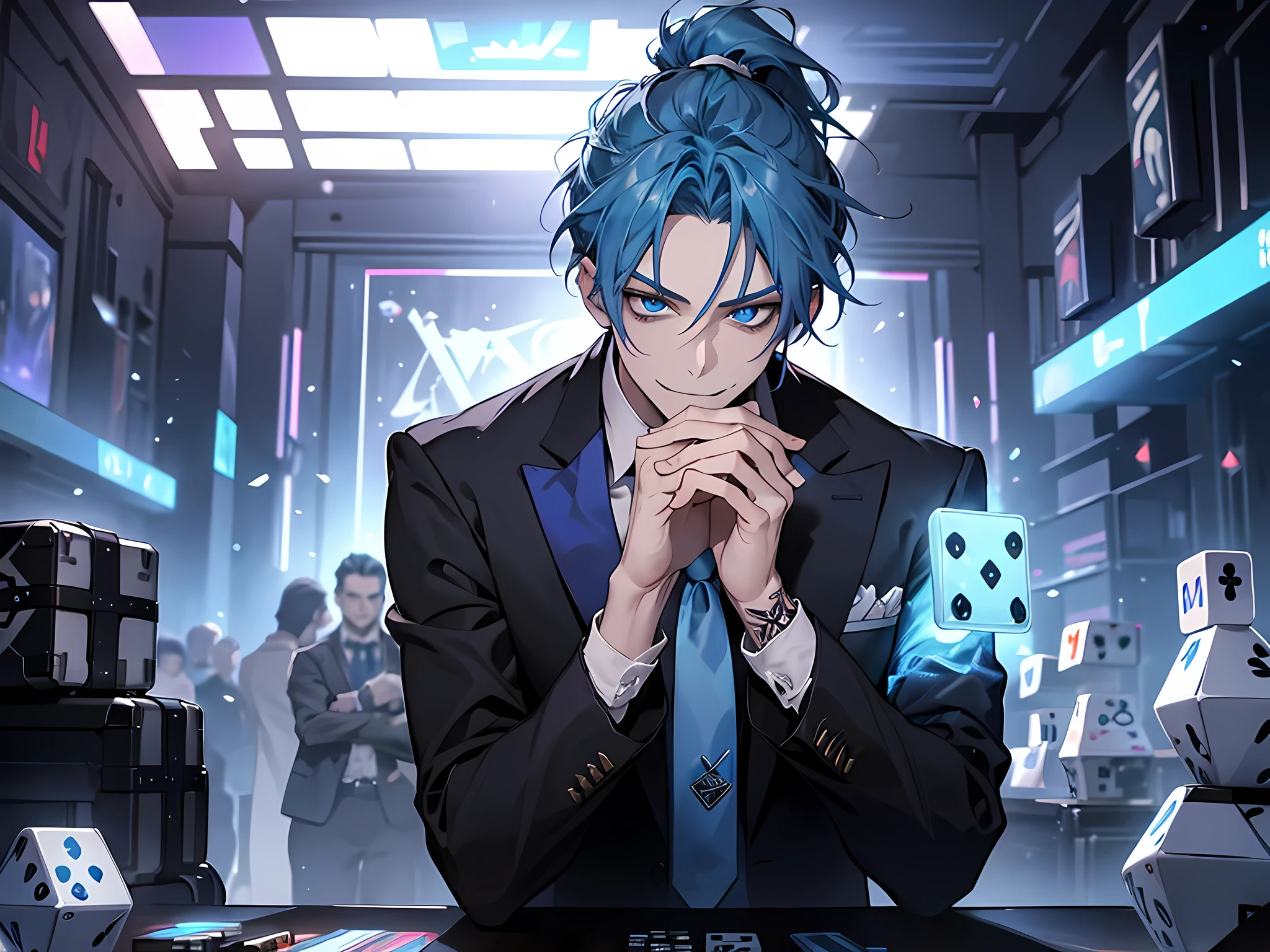 masterpiece, best quality, high quality, 1boy, solo, male focus, looking at dice, glowing neon dice on table, hand on face, holding neon Dice, aguero_agnes_khun, blue hair, blue eyes, multicolored hair, ponytail, black vase suit , sleeves rolled up, loose tie, tattoos everywhere on body, smirk, blue and silver smoke, blue smoke, rays, flares, dust , futuristic fantasy world, dice, smirking ,blue glowing cubes in background ,surrounding him, Intricately Hyper Detailed