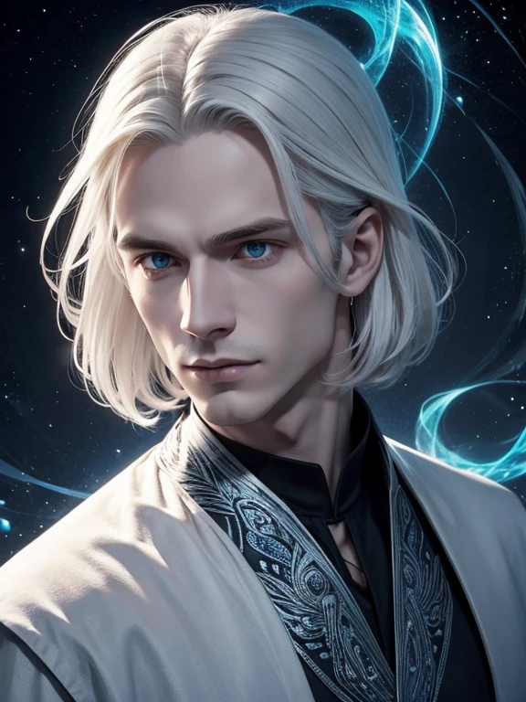 Homem de 30 anos, pale skin, neutral expression, cabelo liso, terno preto, asas de anjo, posando de frente, blue aura hovering around you, quarto escuro.