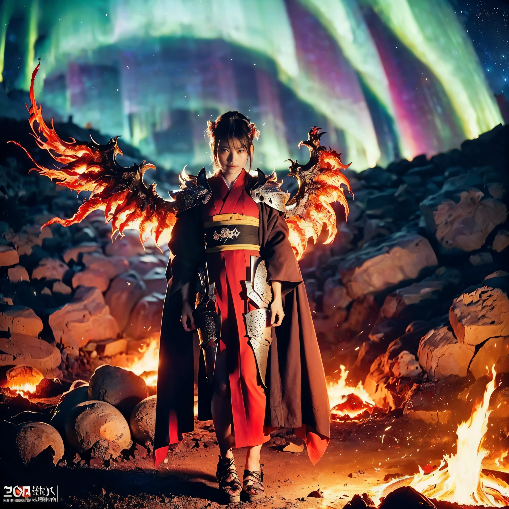 (((Realistic, masterpiece, best quality, crisp detail, high definition, high detail, very rich detail, sharp focus, sharp detail, colorful, rich color, perfect studio lightning))), ((20 years old, japanese goddess of hell, kasumi arimura)),(((in the middle of war, epic war scene))), wearing (((beautiful decorated golden heavy armor, phoenix armor, phoenix tails, decorated full body armor, fully armored beautiful kimono, wide colorful phoenix wings, blue aura))), (flying, floating, air attack stance, burning hands, holding fantasy weapon, blood scattered face, blood tears, blood bath, blood shed), (((fire everywhere, blood everywhere, death everywhere, japan bakumatsu period, dead bodies,carcass,burned japanese castle,hellish,chaos, hell fire, infernal molten lava land, erupting volcano, meteor shower, colorful aurora, armageddon, end of days)) burned traditional village background), shot from below