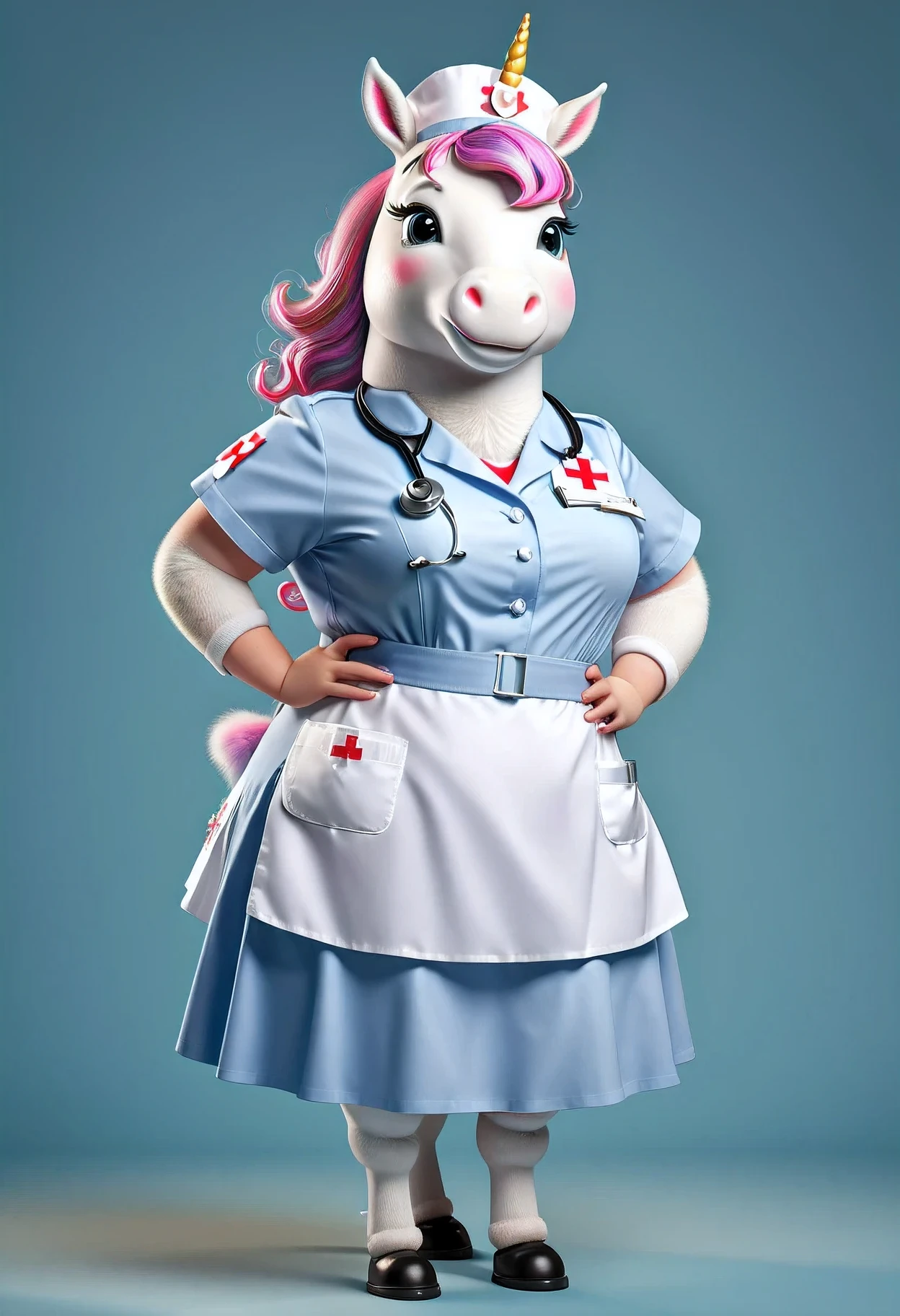 photorealistic portrait of Dressed animals - a ((fat)) unicorn nurse,(hands on hips:1.2),(), high quality,(lovely) ,intricate details, highly detailed (( nurse costume)), wearing nurse cap and skirt , highly detailed medical equipment , (happy), studio lighting,(),(simple background)