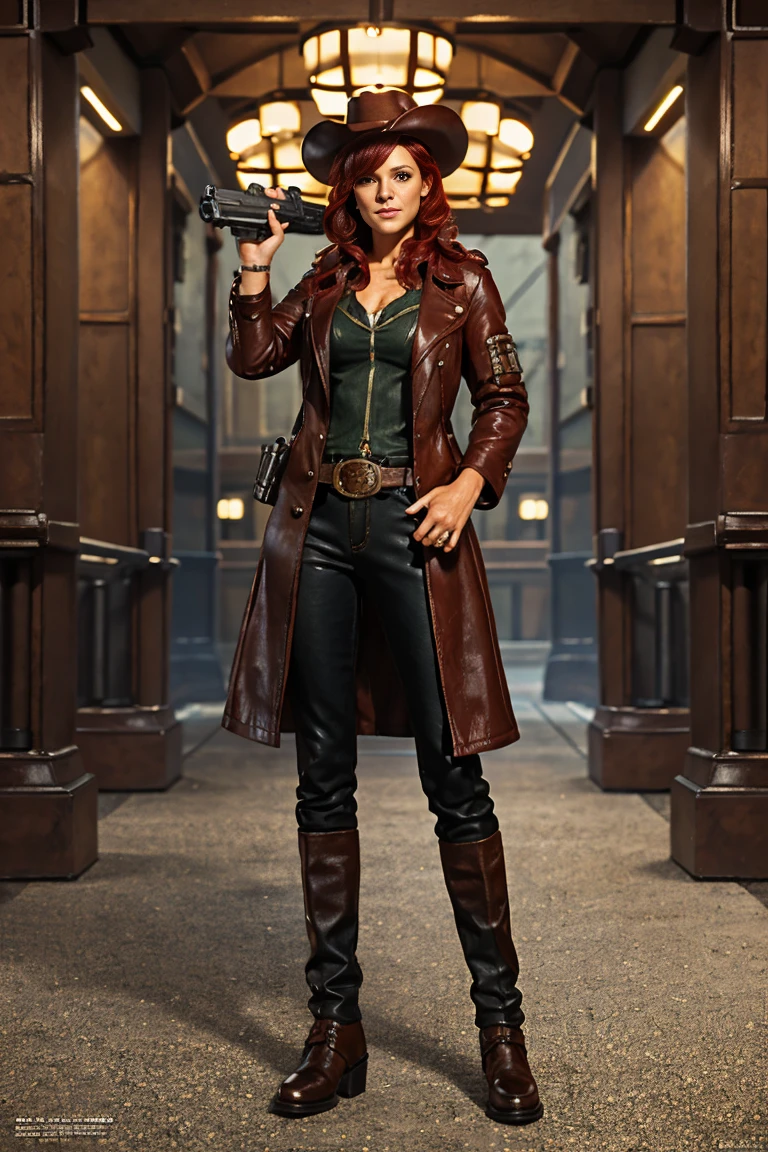 Red hair, green eyes, cowboy hat, leather jacket, a woman in a hat and coat holding a hand gun, a character portrait by senior character artist, holography, steampunk, unreal engine 5, concept art, Concept art by senior character artist, official art, full body head to toe in frame pose, 32CC Breasts, athletic body build
