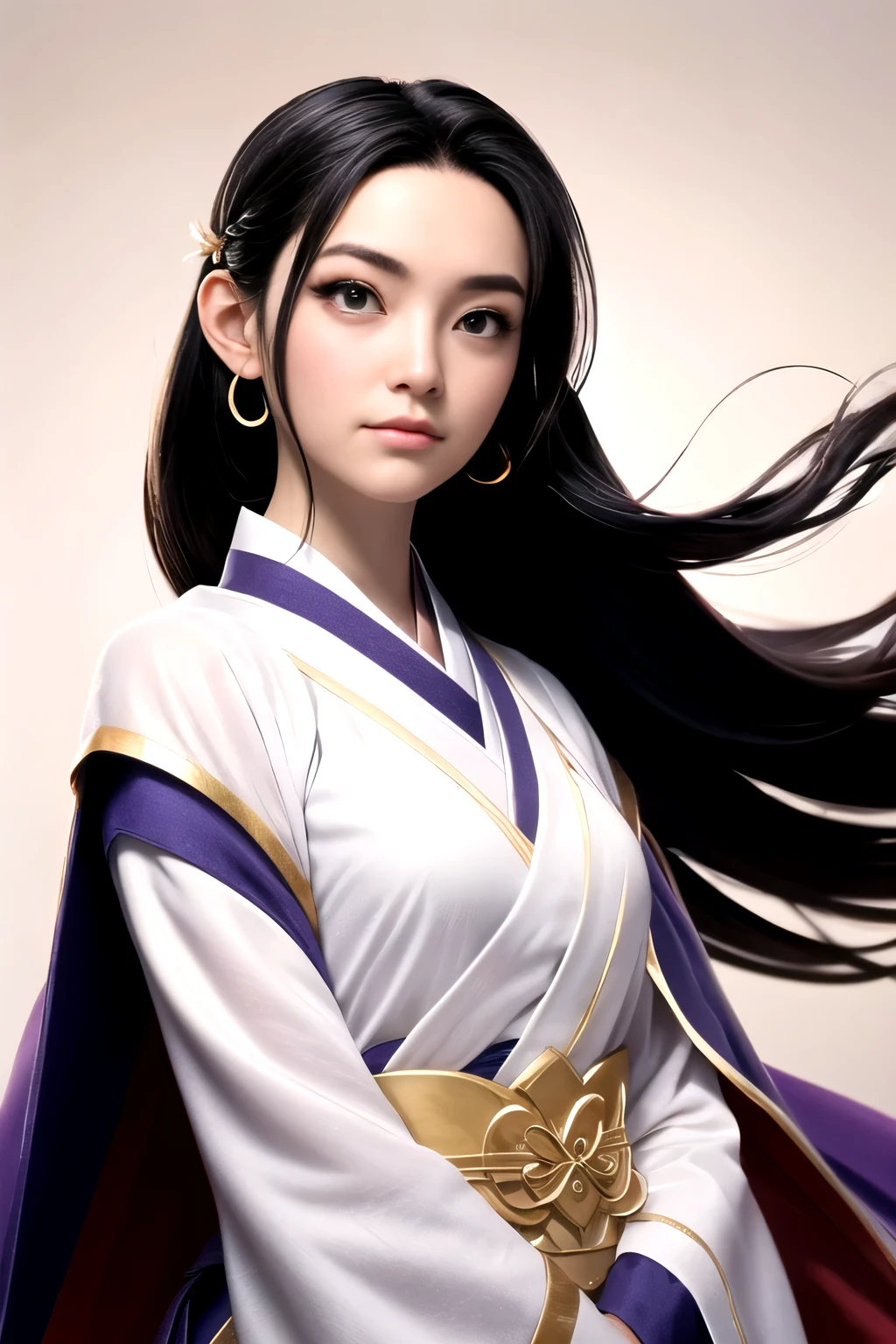 The pictures that need to be drawn should be of high quality,A character with long purple-black hair flowing and golden eyes。She wears a white cape,Look up into the distance。The focus of the picture is on the upper body of the character,Pay attention to details of the hairline and skin。She has a side braid,wearing a hanfu,And wear delicate accessories。Calm expression,k hd,illustrioueather background decoration,,sneering,angelicales,spread the wingull bodyesbian,Burst clotheocus is on the whole body,in a panoramic view,pubes,Limbs open