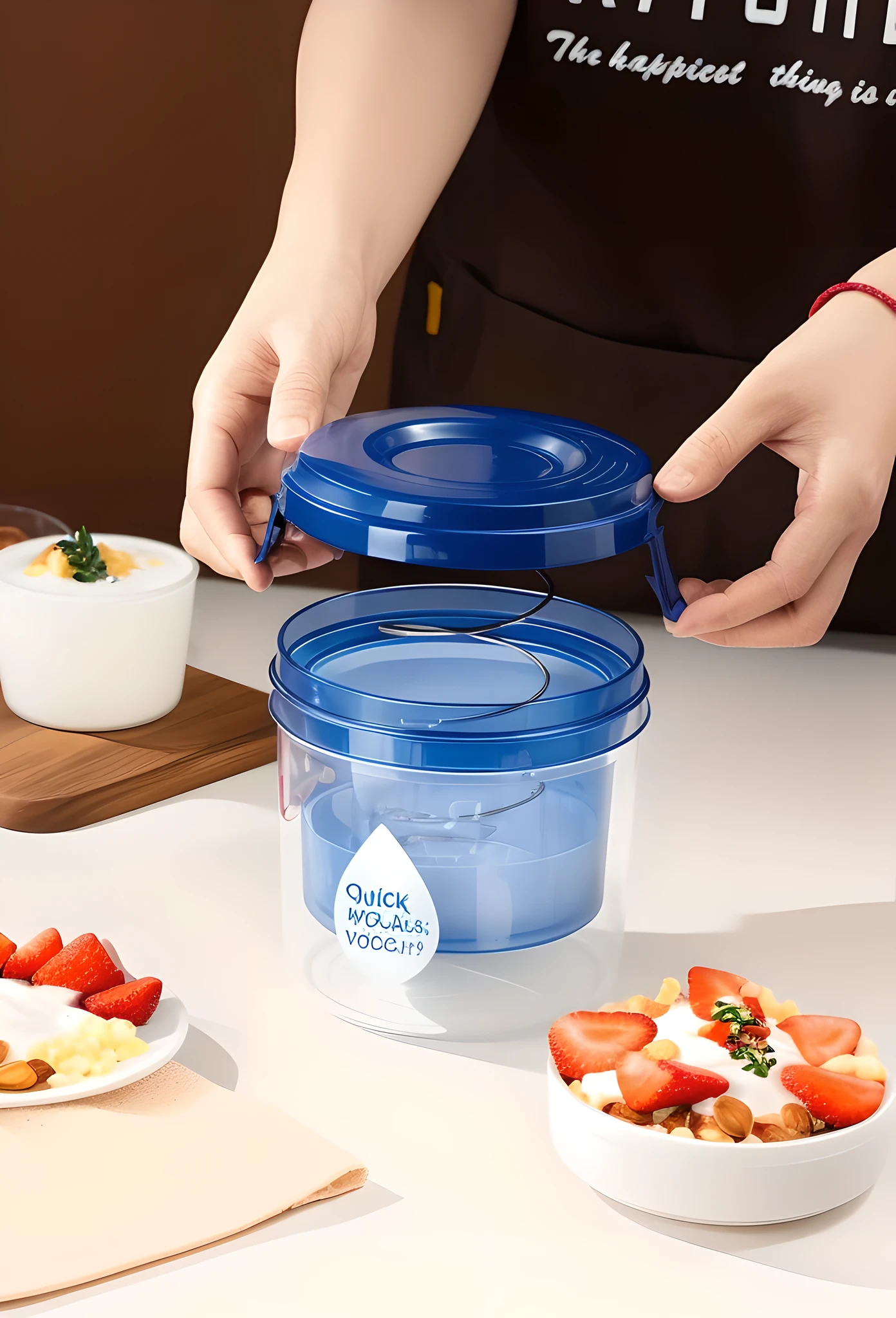 In this image, a clear plastic yogurt maker labeled "QUICK MIZUKIRI YOGURT" is placed on a wooden cutting board. The inside of the container was filled with a translucent liquid and a white solid. It was speculated that the liquid was water and the solid was yogurt. The container has a simple design, in clear and navy blue tones, and comes with an easy-open lid. The wooden cutting board is sturdy and has a dark brown natural wood grain. On one side of the cutting board is a small dollop of yogurt and a small wooden spoon. The background is blurred, showing sliced strawberries and an empty bowl on the table. The overall tone is warm, the light is natural, and the composition is balanced, conveying a comfortable feeling of home-made healthy food. This scene may also imply a simple, convenient and healthy lifestyle.
