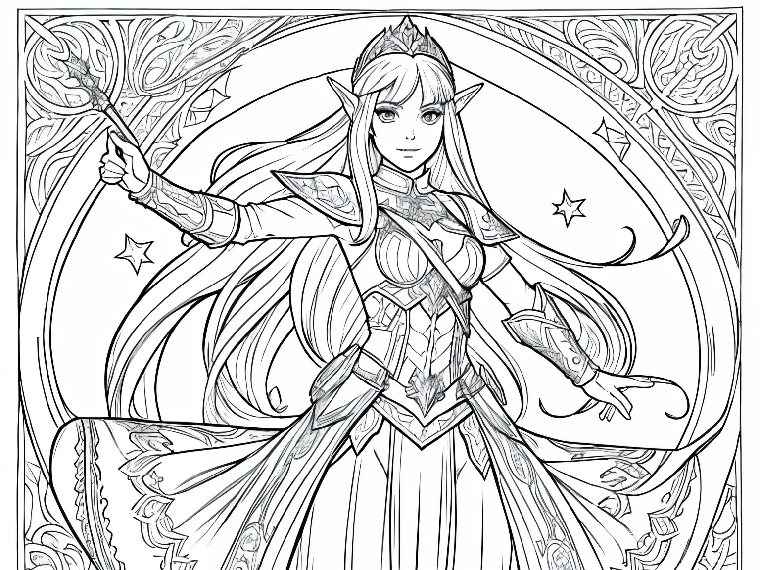 Please generate only the outline or stroke of this drawing so I can use it in a coloring book: A beautiful elf princess in her combat outfit