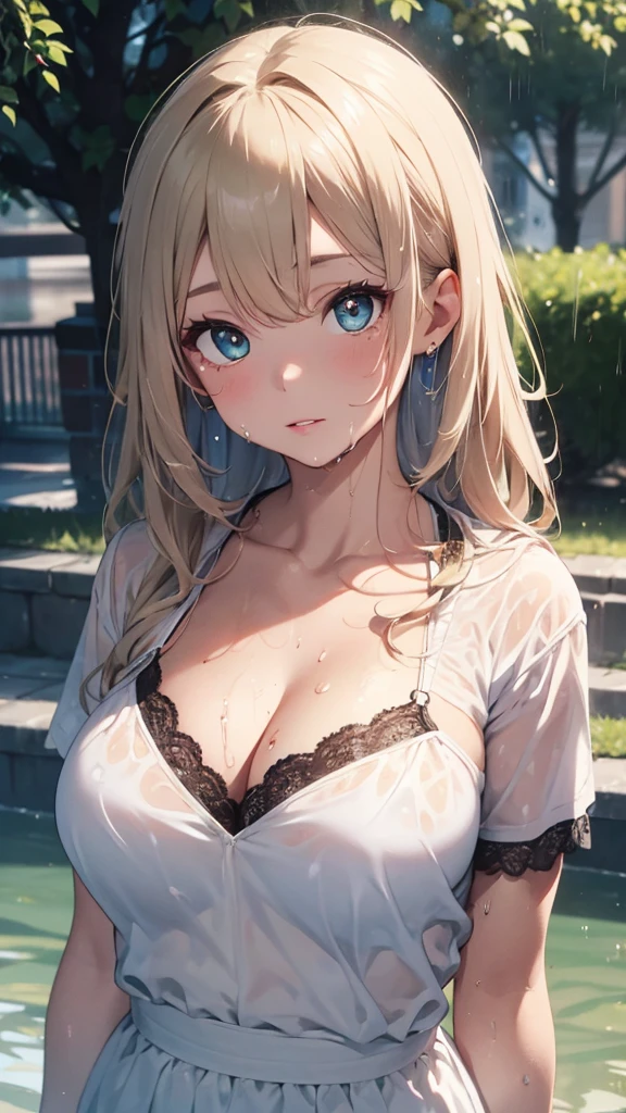 (best quality, masterpiece :1.3), pretty Woman, 1 girl, (Big breasts, Beautiful collarbone, attractive body :1.2), abdominal muscles :1.1, hair past shoulders, curls, blonde light blue hair, messy hair, Single side lock, (wet from rain, get wet by rain, wet :1.2), sky blue eyes, gradient Lake green eyes, upturned eyes, Pupils reflect surroundings, Very rich facial details, delicate lips, exquisite eyes, double eyelids, pupils sparkling, 16K