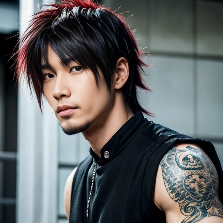 1 man, Japanese man, male, Asian eyes, muscular, broad shoulders, dragon,hairstyle Visual Kei style, hair Visual Kei, black men's shirt and black pants, ultra detailed face, hyperrealistic, realistic representation, 30 years old!,age 30 years! Blonde hair, long hair.