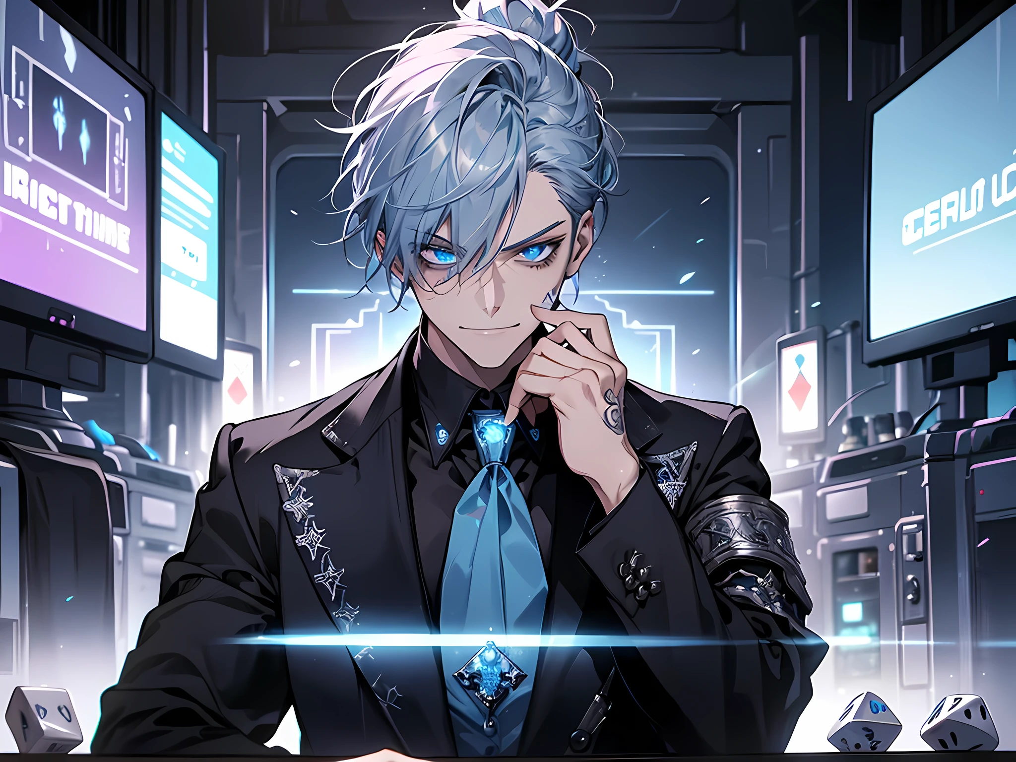masterpiece, best quality, high quality, 1boy, solo, male focus, looking at dice, glowing neon dice on table, hand on face, holding neon Dice, aguero_agnes_khun, gray hair, blue eyes, multicolored hair, ponytail, black vase suit , sleeves rolled up, loose tie, tattoos everywhere on body, smirk, blue and silver smoke, blue smoke, rays, flares, dust , futuristic fantasy world, dice, smirking ,blue glowing dice in background ,surrounding him, Intricately Hyper Detailed, extremely detailed eyes, detailed face
