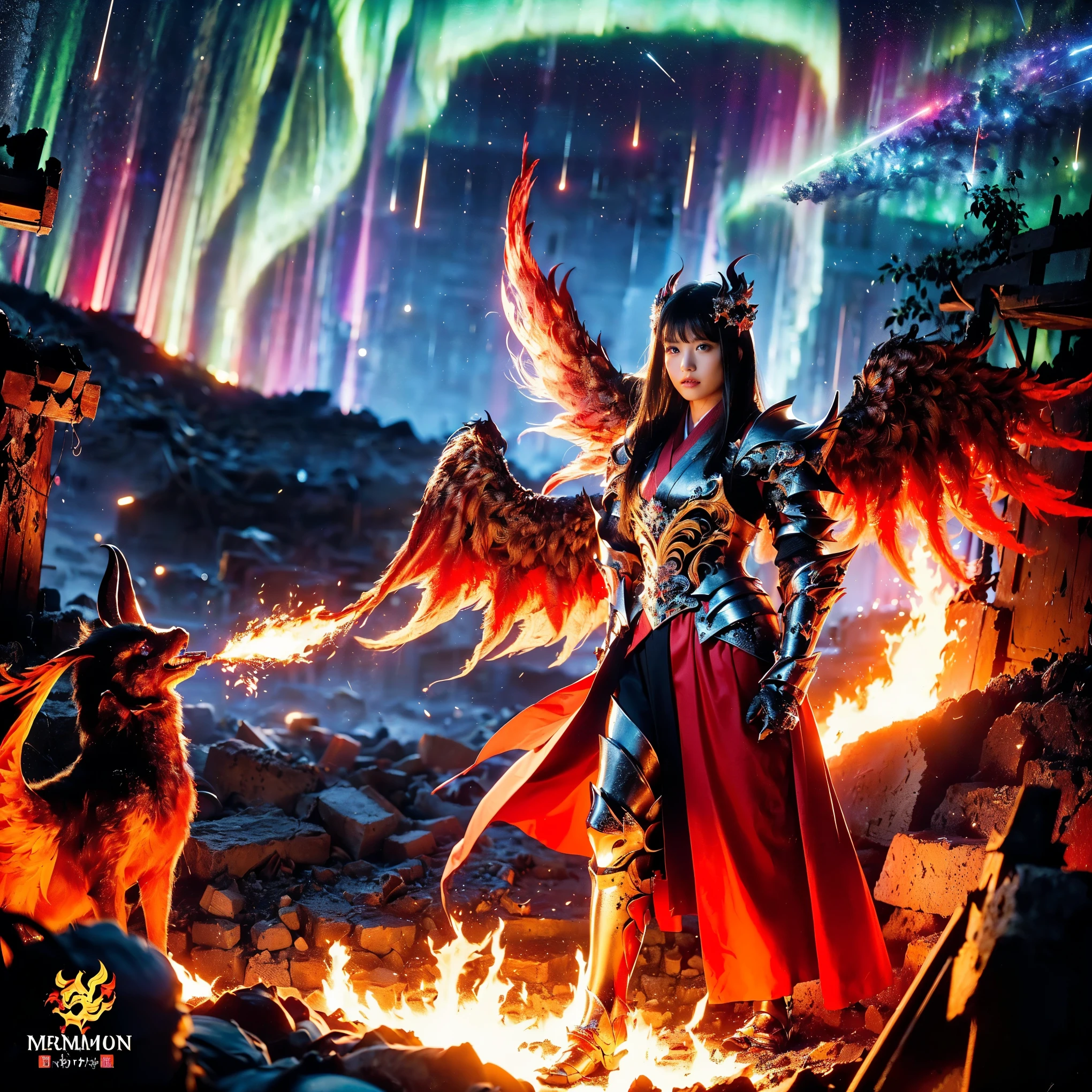 (((Realistic, masterpiece, best quality, crisp detail, high definition, high detail, very rich detail, sharp focus, sharp detail, colorful, rich color, perfect studio lightning))), ((20 years old, japanese goddess of hell, kasumi arimura)),(((in the middle of war, epic war scene))), wearing (((beautiful decorated golden heavy armor, phoenix armor, phoenix tails, decorated full body armor, fully armored beautiful kimono, wide colorful phoenix wings, blue aura))), (flying, floating, air attack stance, burning hands, holding fantasy weapon, blood scattered face, blood tears, blood bath, blood shed), (((fire everywhere, blood everywhere, death everywhere, japan bakumatsu period, dead bodies,carcass,burned japanese castle,hellish,chaos, hell fire, infernal molten lava land, erupting volcano, colorful meteor shower, colorful aurora, armageddon, end of days)) burned traditional village background), shot from below