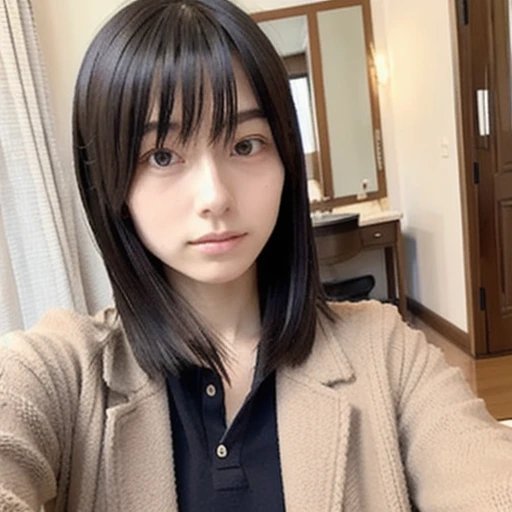 japanese woman、１８age、no makeup、morning、one&#39;s home、Selfie style、Upper body projection、average face、（Low quality:1.5)、low masterpiece、shortcut、straight face、coat