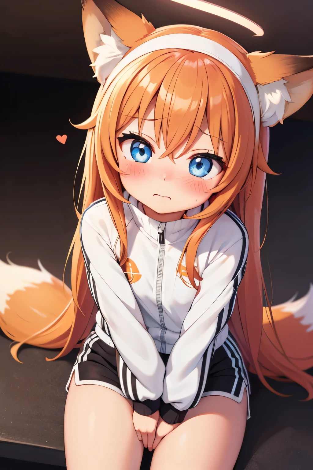 1girl,1other,animal ear fluff,animal ears,arm support,arms at sides,blue eyes,blush,closed mouth,disembodied limb,ear wiggle,embarrassed,foreshortening,fox ears,from above,gym shorts,hair between eyes,hairband,half-closed eyes,halo,hand on another's chin,heart,jacket,light frown,long sleeves,looking at viewer,looking up,nose blush,official alternate costume,orange hair,petting,pov,pov hands,shorts,solo focus,thighs,track jacket,trembling,white hairband