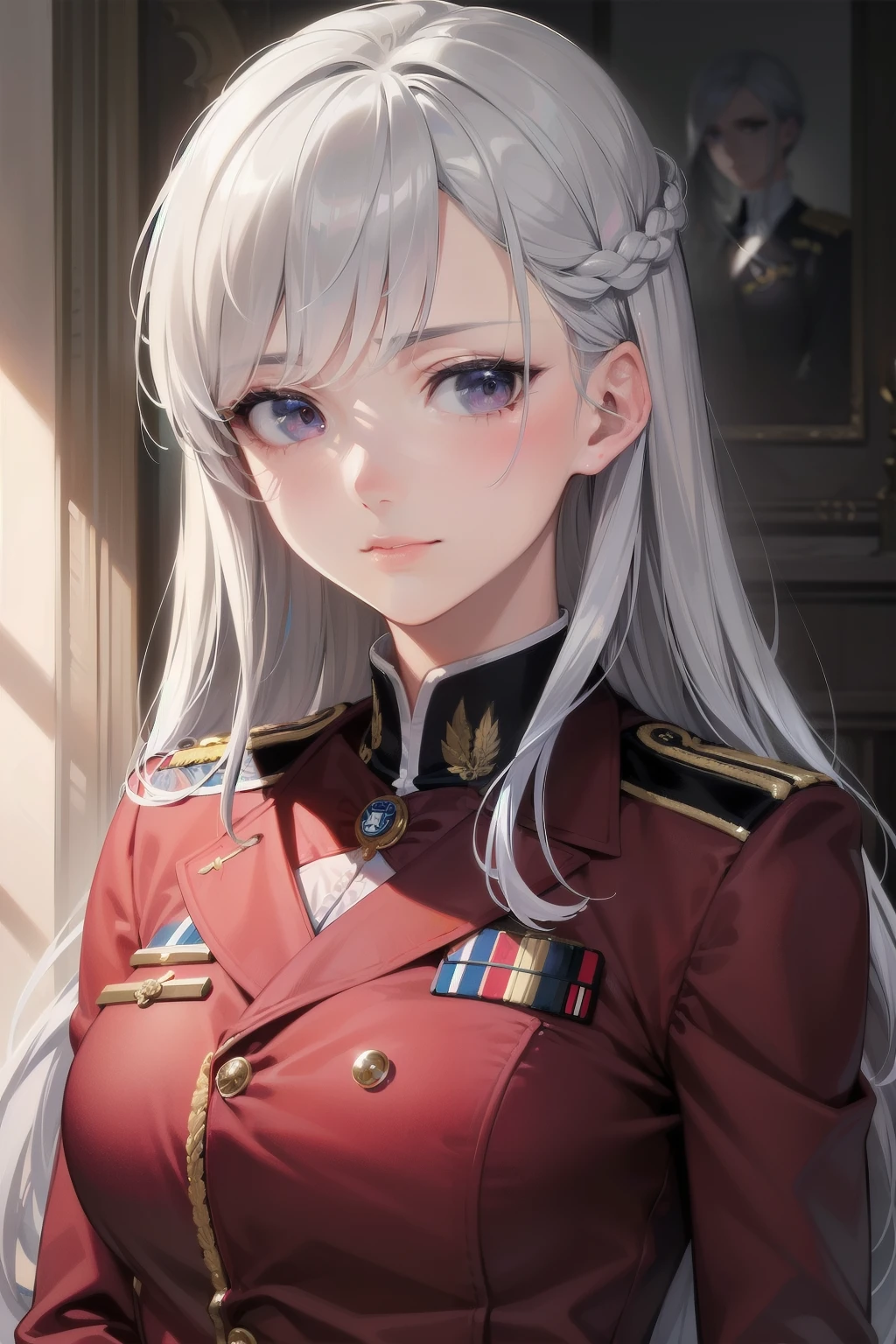 ((masterpiece)), ((highest quality)), ((alone, silver haired mature woman)), ((military portrait)), Silver hair carefully crafted down to the last detail, calm expression, Military uniforms decorated with various insignia, Soft lighting accentuates cheekbones, Realistic wrinkles and fine lines, High resolution and complex shading, fine texture, subtle blush, A calm and gentle gaze, Accurately depicted military accessories, Realistic fabric folds, Depth of field for a more three-dimensional effect.