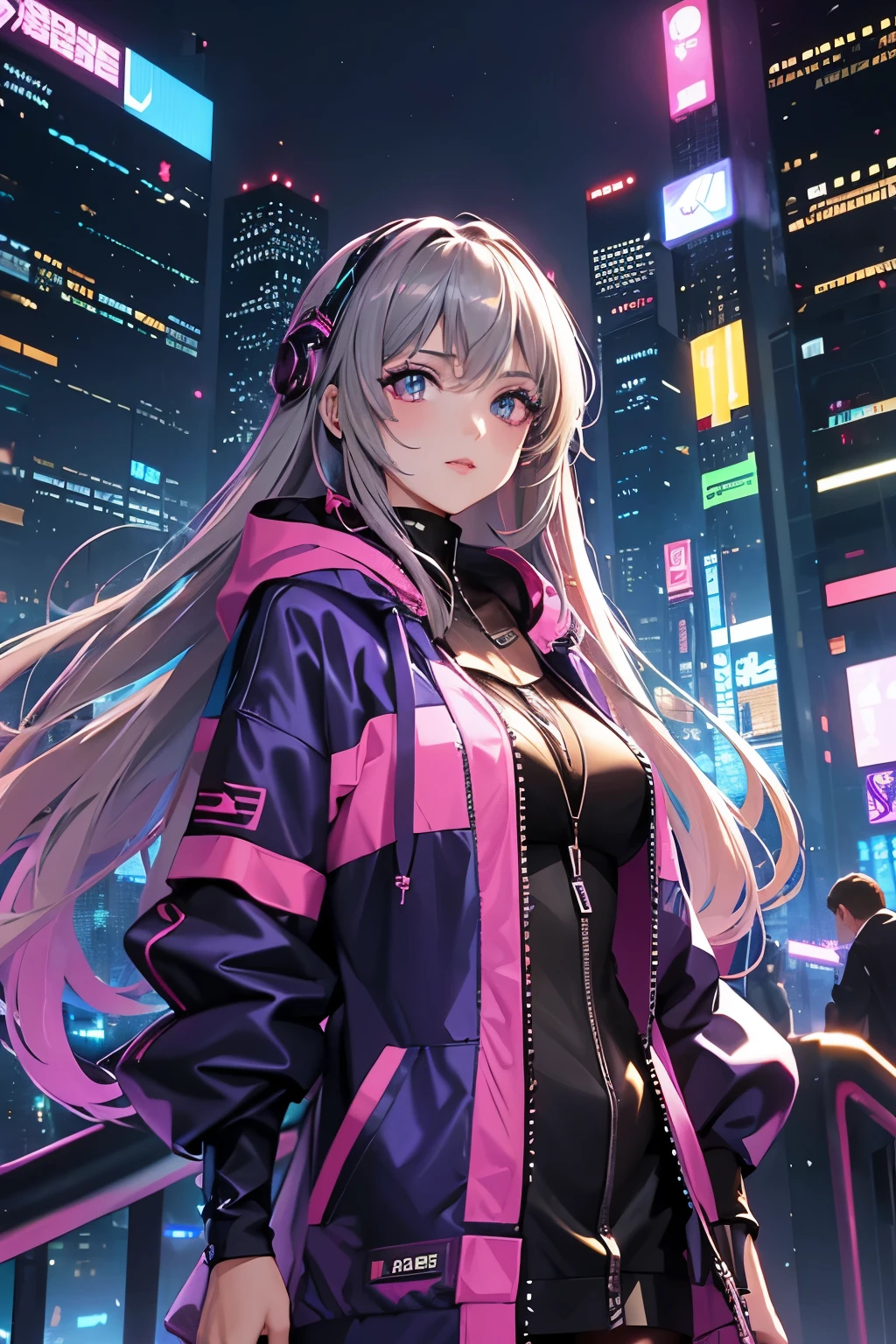 ultra quality,detailed, masterpiece, 16k, high resolution, beautiful, amazing, charming, elegant, stylish
BREAK
1 girl, 24 years old, Height is 164cm, ((Bust size is 88cm))
BREAK
(Long Hairstyle: 1.3), Beautiful and delicate flowing hair,(Delicate ,detailed ,(purple|Green|Blue|Pink|Red|yellow|Gray) eyes: 1.2), sparkling eyes
BREAK
(colorful loose hoodie:1.2), Futuristic outfit, cyber costume
BREAK
cyber punk, Vibrant, Futuristic, Neon lights, High-rise buildings, Holographic advertisements