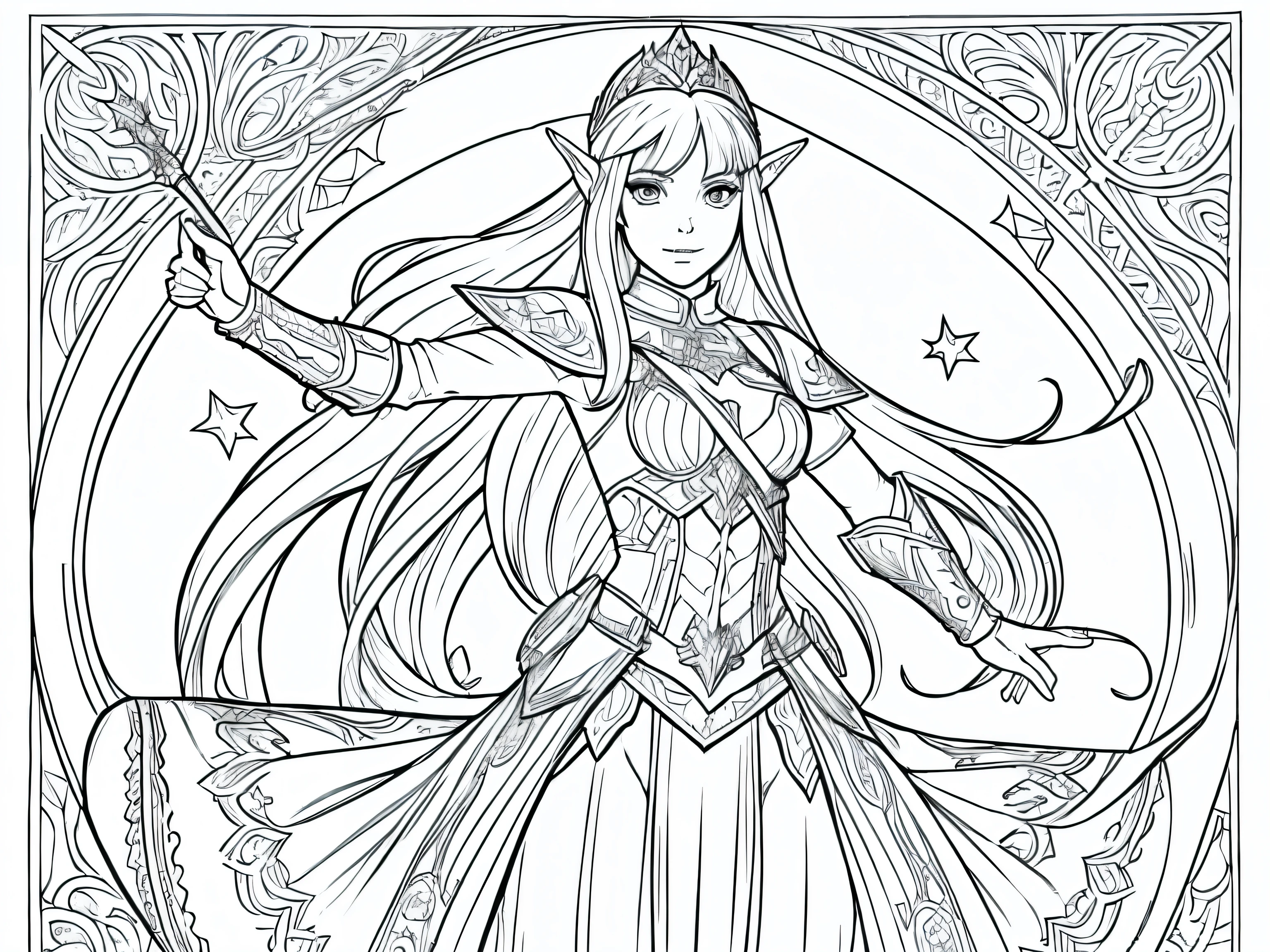 Please generate only the outline or stroke of this drawing so I can use it in a coloring book: A beautiful elf princess in her combat outfit
