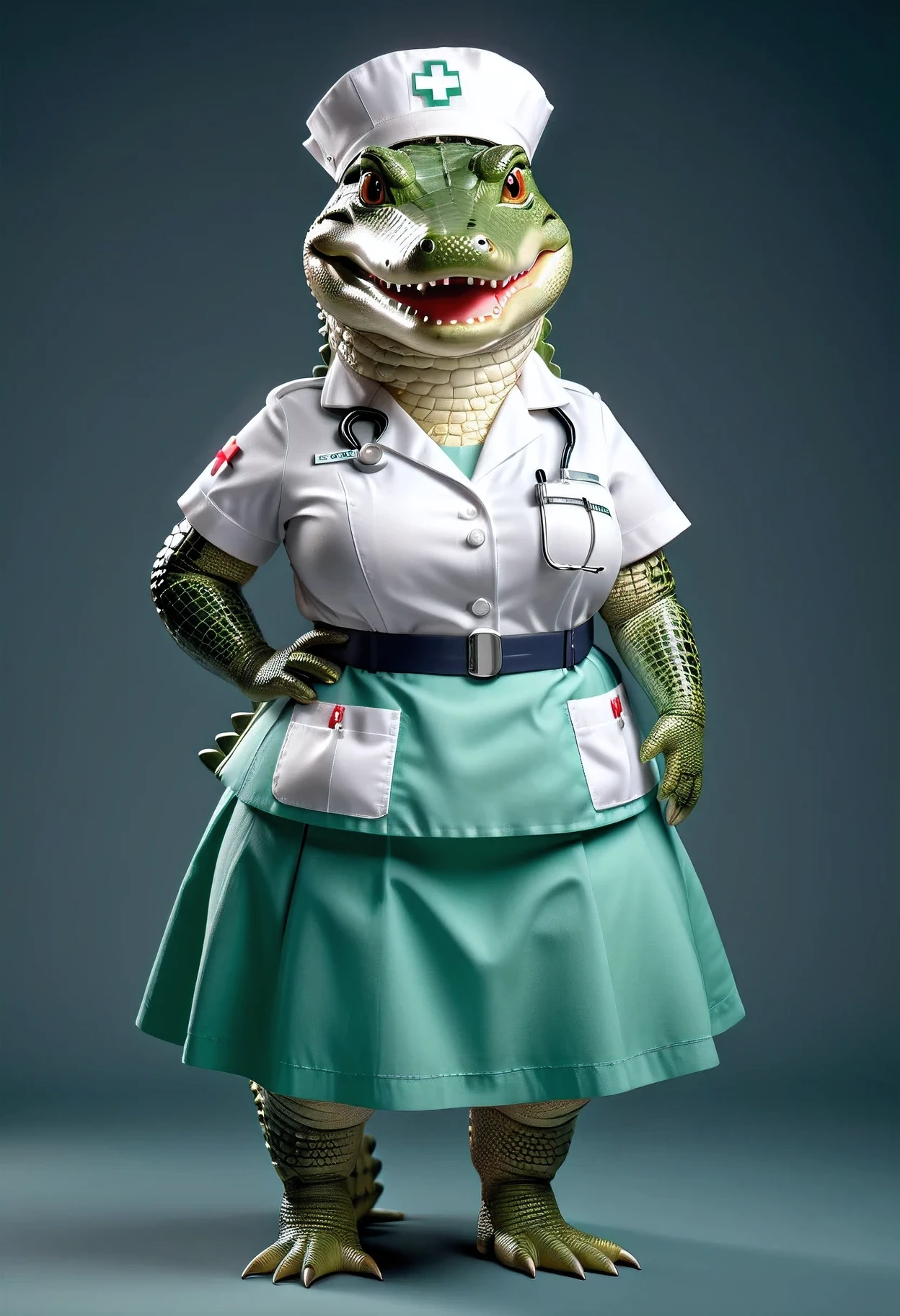 photorealistic portrait of Dressed animals - a ((fat)) cute crocodile nurse,(hands on hips:1.2),(), high quality,(lovely) ,intricate details, highly detailed (( nurse costume)), wearing nurse cap and skirt , highly detailed medical equipment , (happy), studio lighting,(),(simple background)