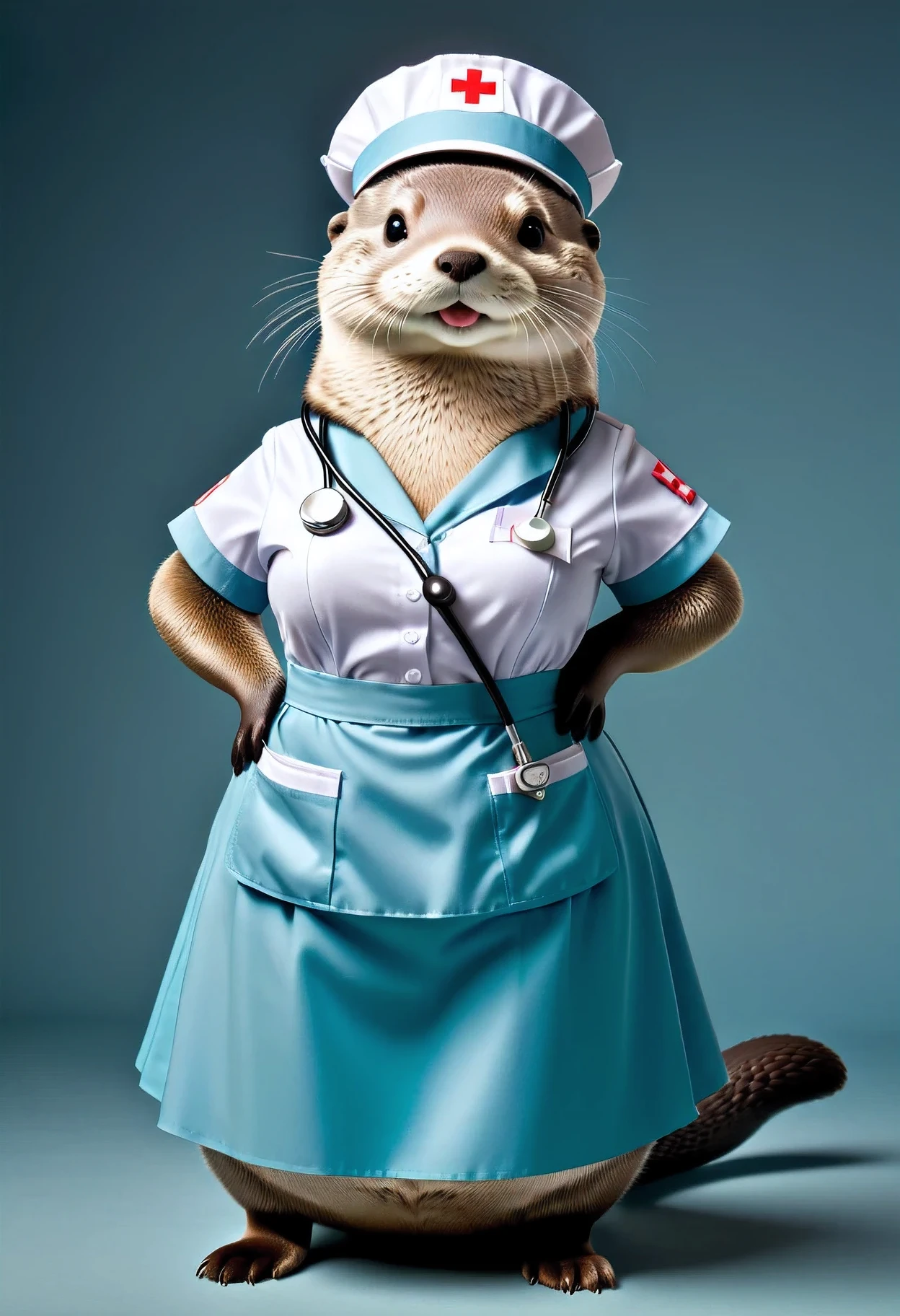 photorealistic portrait of Dressed animals - a ((fat)) otter nurse,(hands on hips:1.2),(), high quality,(lovely) ,intricate details, highly detailed (( nurse costume)), wearing nurse cap and skirt , highly detailed medical equipment , (happy), studio lighting,(),(simple background)