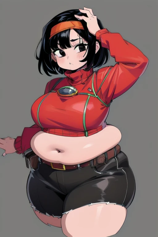 (masterpiece, best quality), 1girl, pan,1girl,solo,short hair,bangs,black hair,orange headband,black eyes,  belt,crop top,red jacket,crop jacked,green shorts,turtleneck,bbw, plump, large belly, large breasts, large thighs, love handles, wide hips, weight gain,