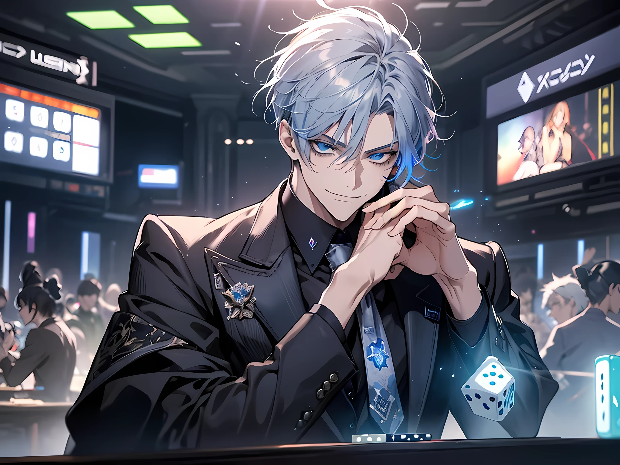 masterpiece, best quality, high quality, 1boy, solo, male focus, looking at dice, glowing neon dice on table, hand on face, holding neon Dice, gray hair, blue eyes, multicolored hair, ponytail, black vase suit , sleeves rolled up, loose tie, tattoos everywhere on body, smirk, blue and silver smoke, blue smoke, rays, flares, dust , futuristic fantasy world, dice, smirking ,blue glowing dice in background ,surrounding him, Intricately Hyper Detailed, extremely detailed eyes, detailed face, king of gamble
