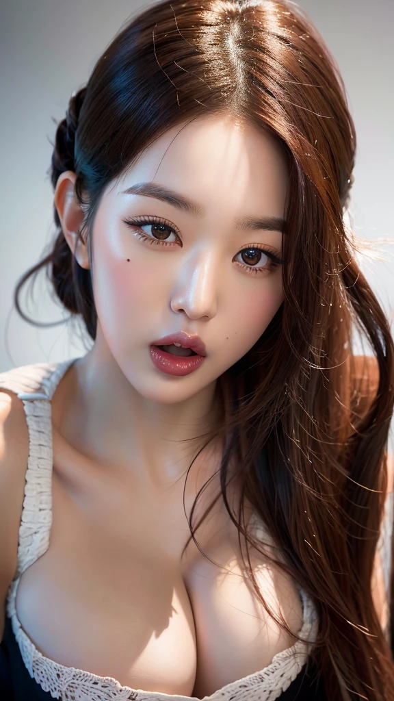 (realistic:1.5), NSFW, masterpiece, ultra high resolution, very detailed, Korean woman, amazing, in detail, huge file size, jwy2, portrait, Model, young, off shoulder tops, Clothes fall down, exposing shoulders, kneel down, in bed, Open your mouth and stick your tongue out of your mouth, long exposed tongue, Detailed tooth representation, detailed tongue expressions, elongated tongue tip, Raise your head and look up at the viewer, Viewer looking down on the subject from above the subject's head, Detailed eye expression, Accurate eye focus on the viewer, Model 얼굴 그대로 표현, face focus center screen, E cup breasts, cleavage exposed, face front view, small breasts